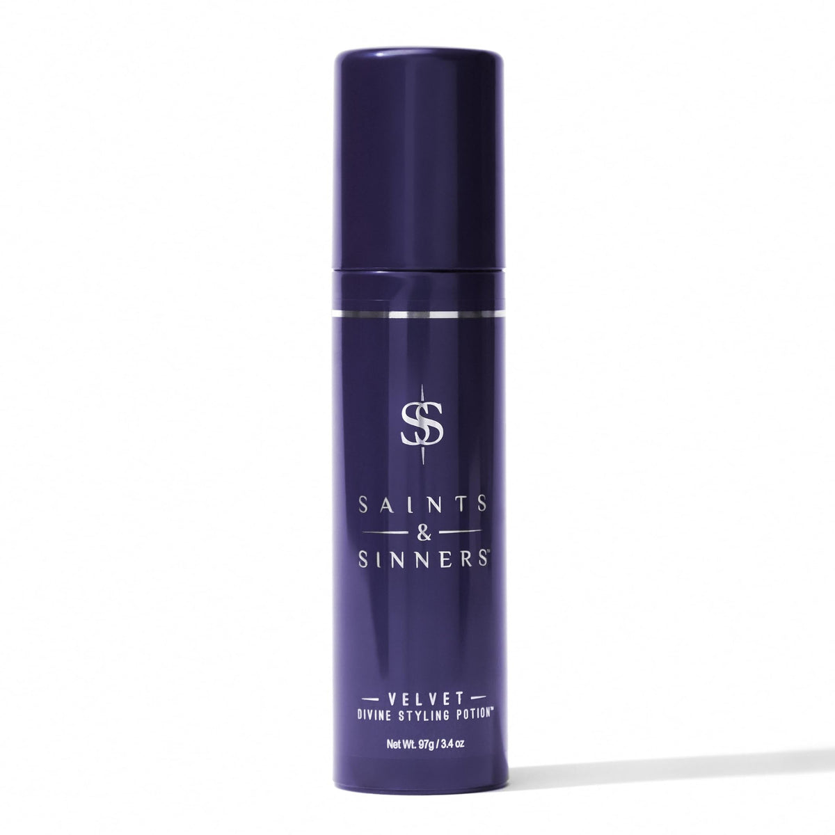 Saints & Sinners Velvet Divine styling potion bottle demonstrates heat protection for all hair types.