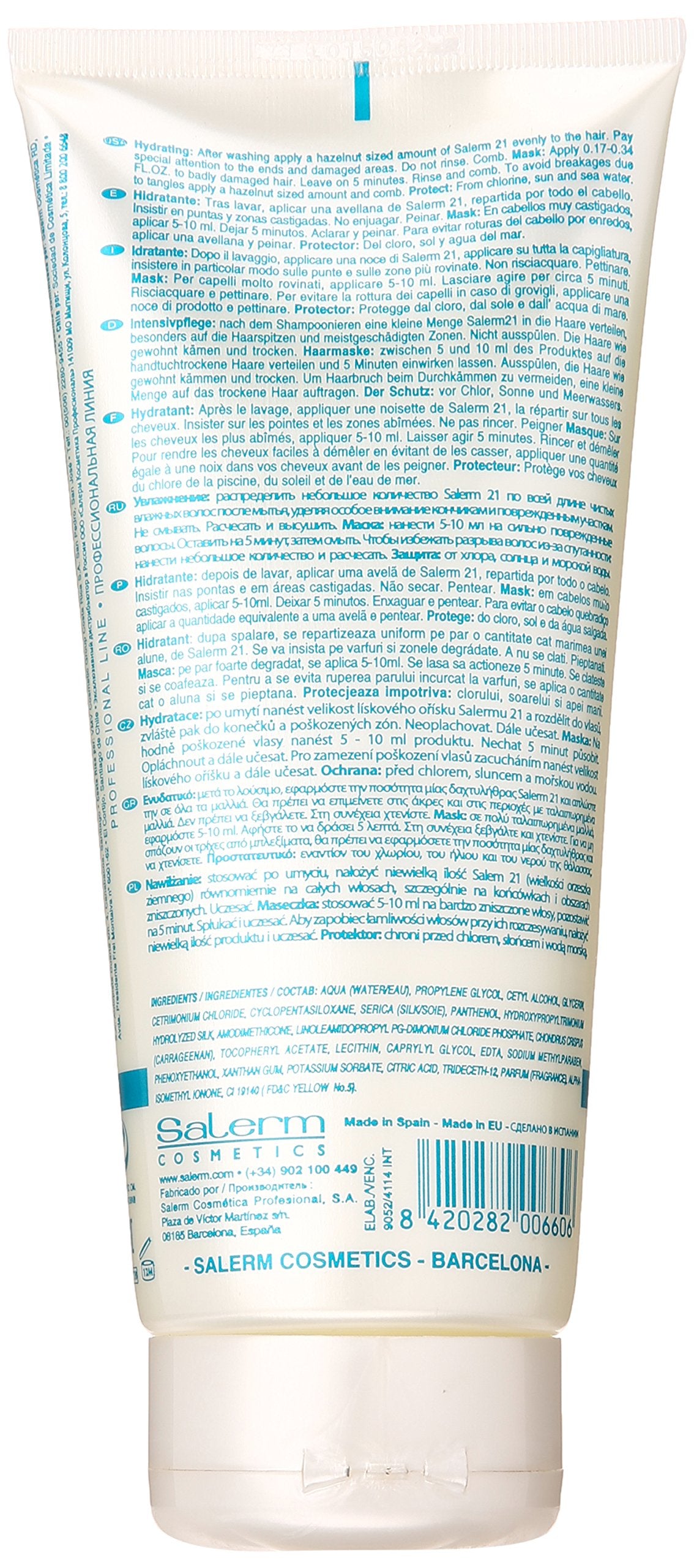 Salerm 21 aplicación diaria suaviza y protege el cabello durante el peinado.