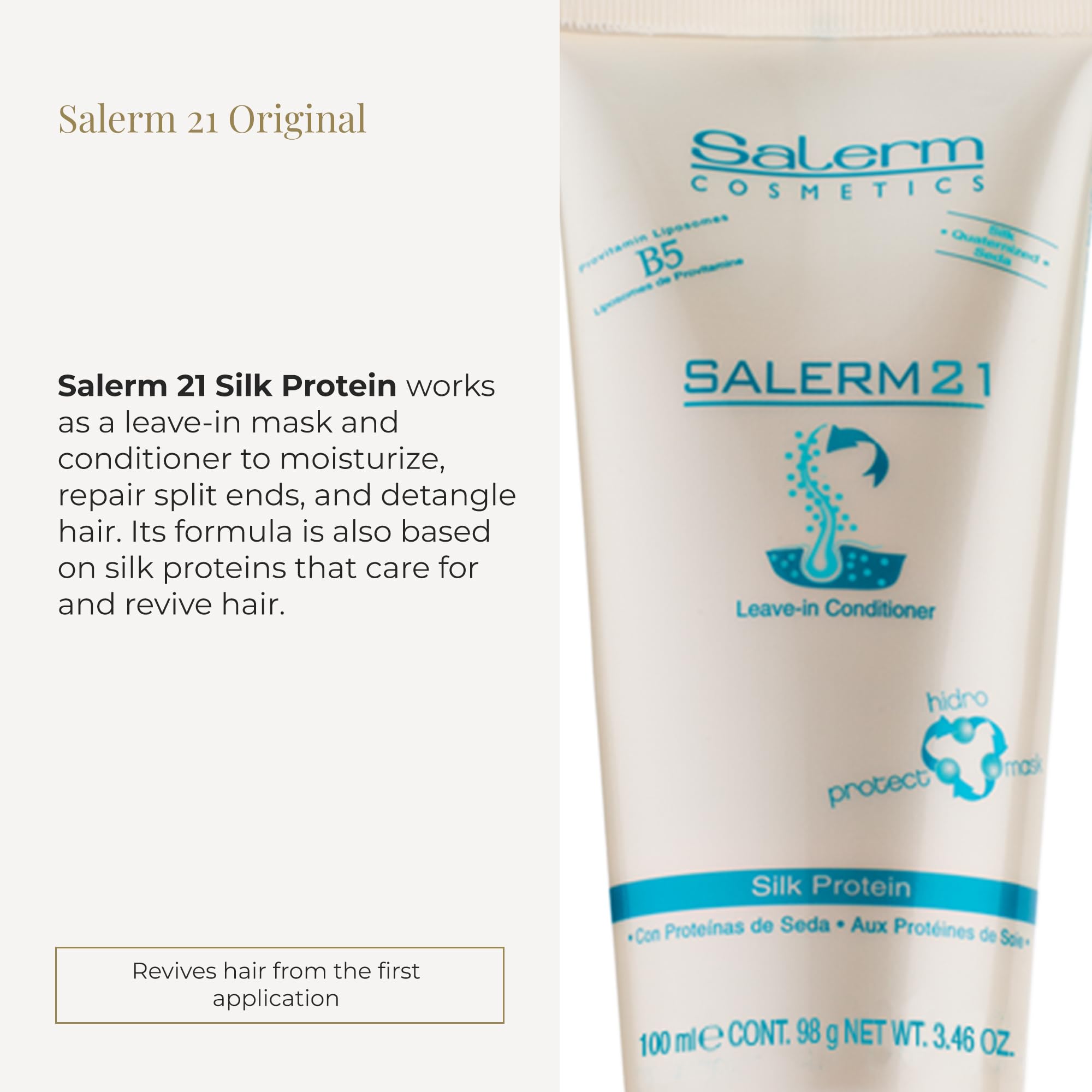 Cabello hidratado tras usar Salerm 21 con proteína de seda, brillo suave.