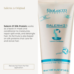 Cabello hidratado tras usar Salerm 21 con proteína de seda, brillo suave.