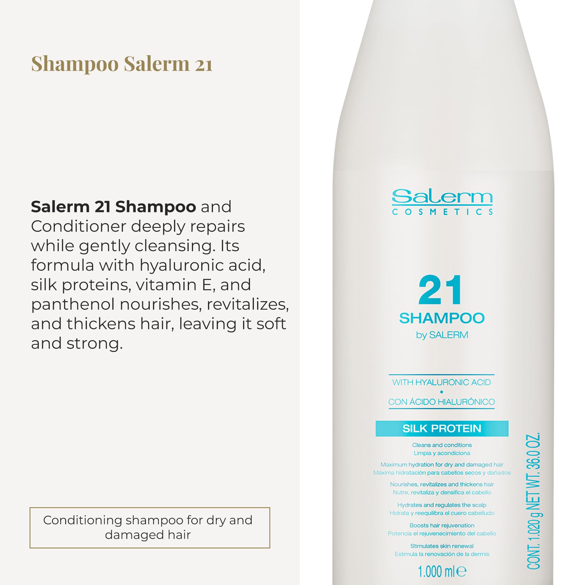 SALERM 21 Repair Shampoo pour stream demonstrates gentle cleansing and nourishment