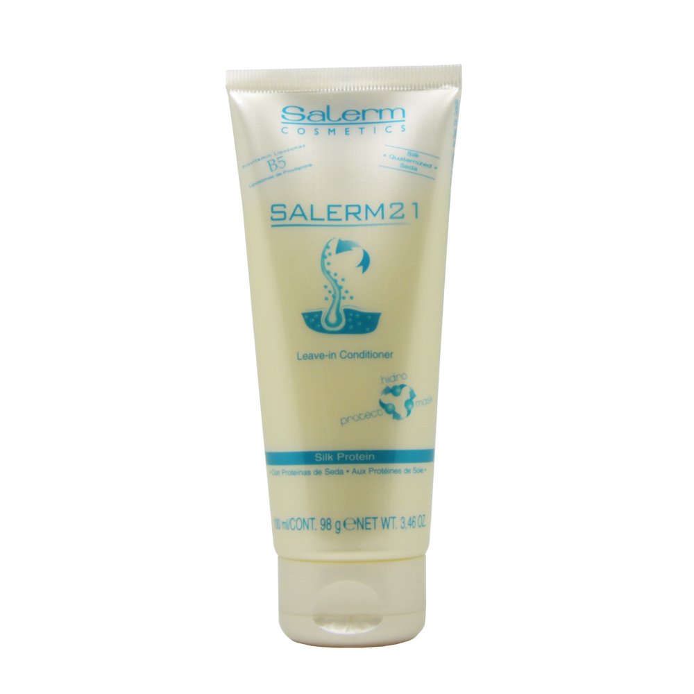 Salerm Cosmetics 21 leave-in conditioner bottle offers moisture and frizz control with B5 provitamin liposomes and silk protein