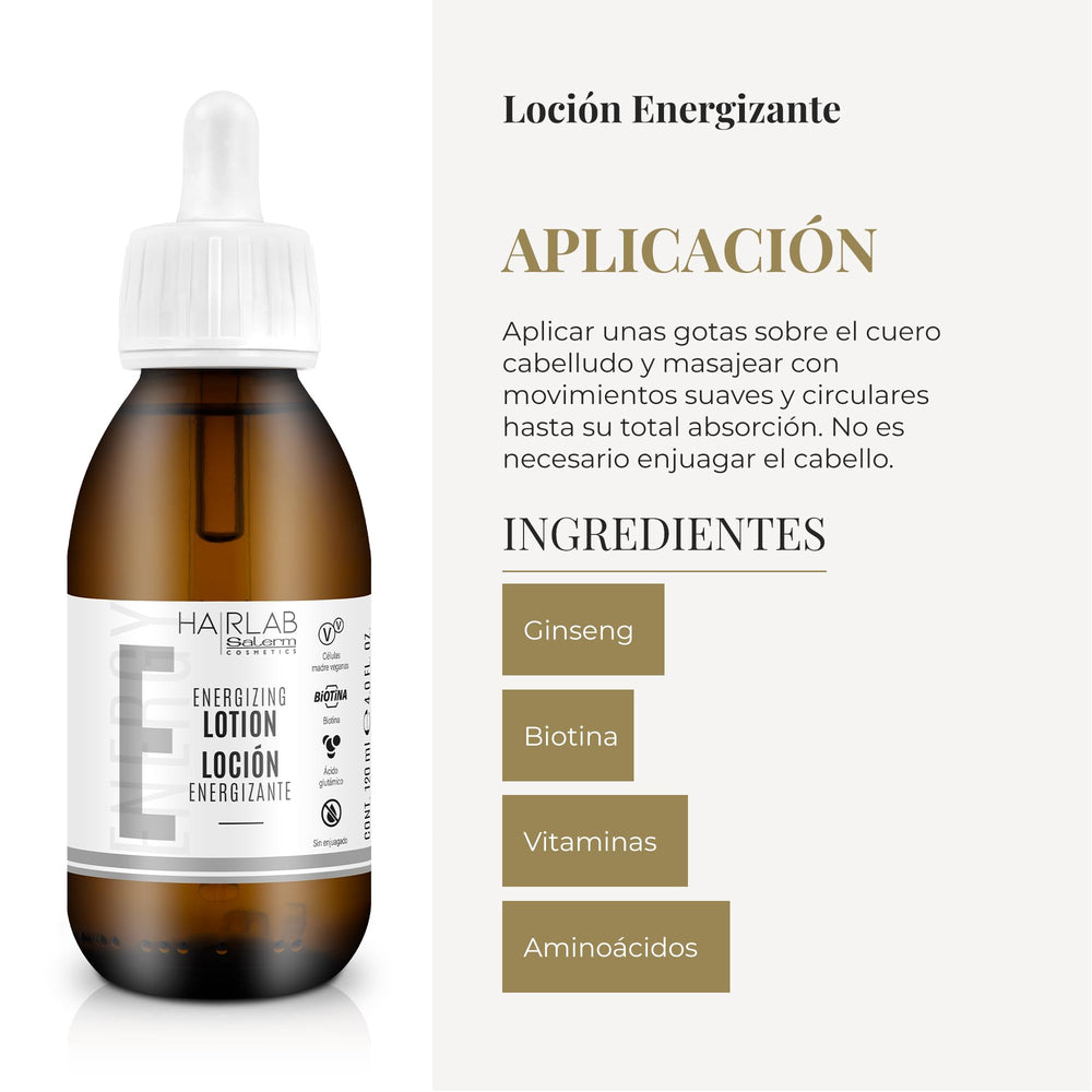 Salerm Hairlab Energizing Lotion applied to scalp to boost vitality.