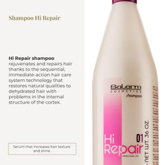 SALERM Hi Repair Shampoo bottle pour demonstrates even distribution for gentle cleansing