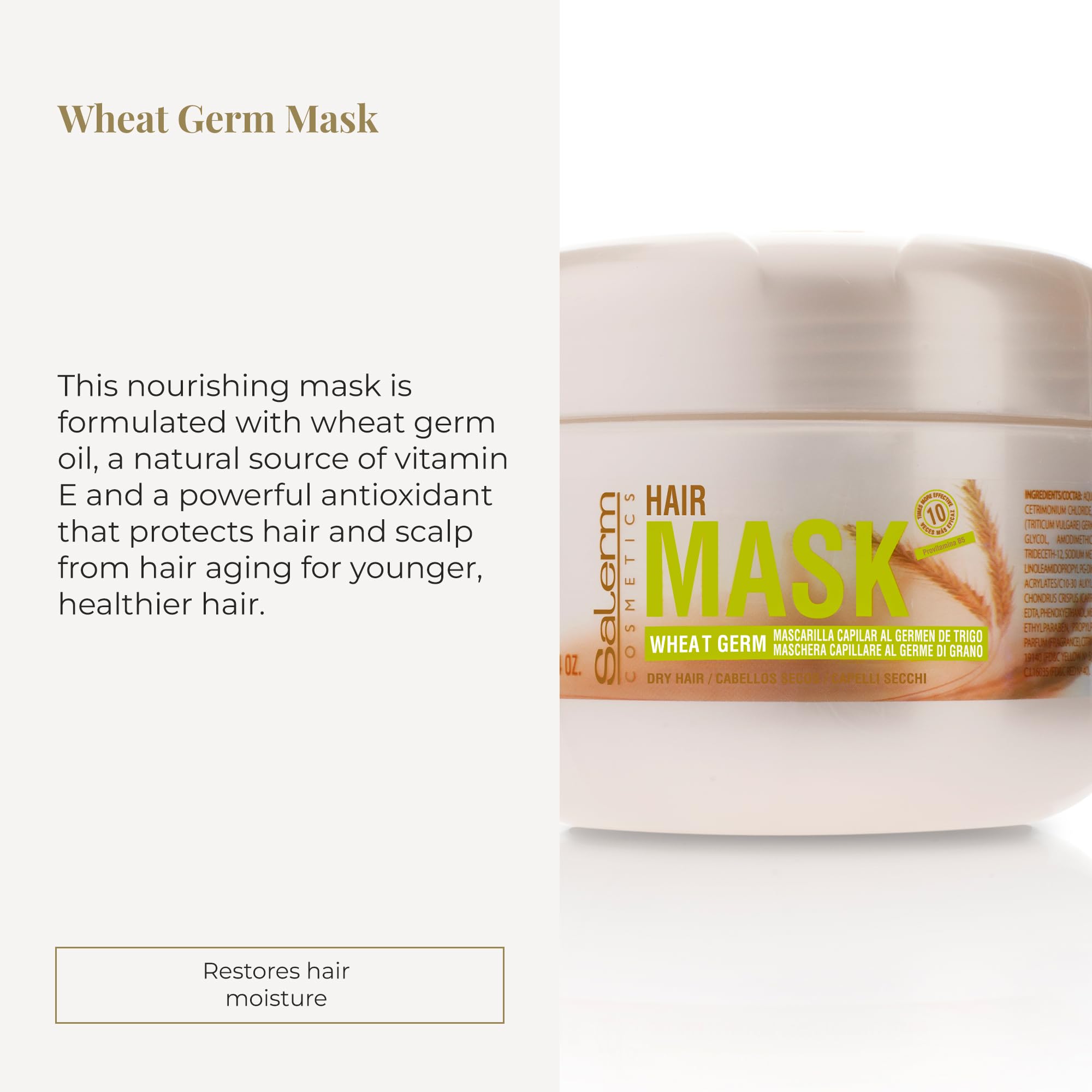 Salerm mascarilla con germen de trigo fortalece la fibra capilar para cabello dañado.