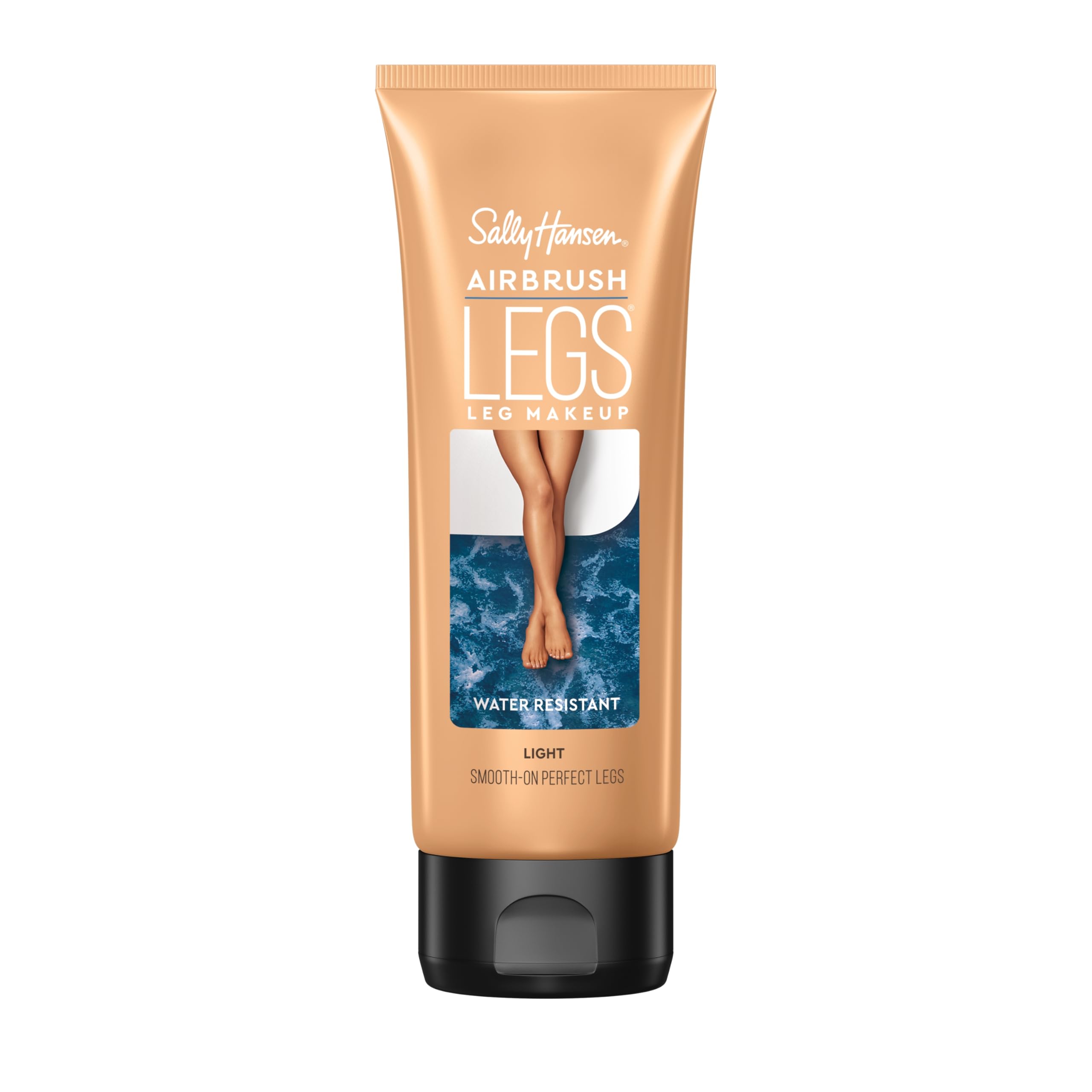 Sally Hansen Airbrush Legs muestra la botella y aplicación suave para un acabado uniforme.