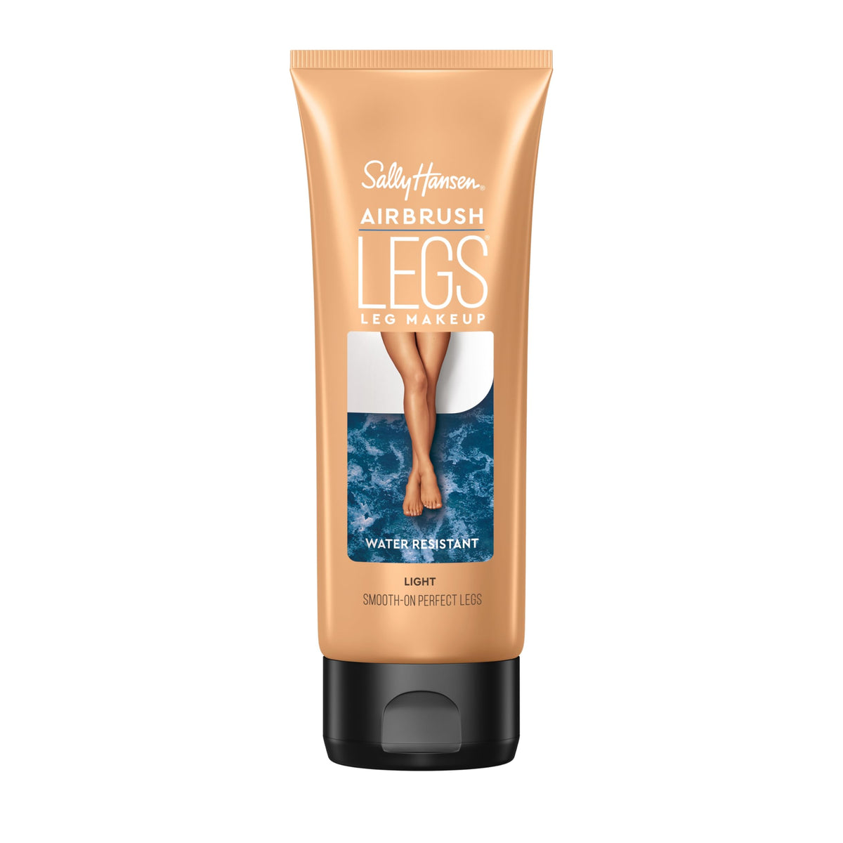 Sally Hansen Airbrush Legs muestra la botella y aplicación suave para un acabado uniforme.