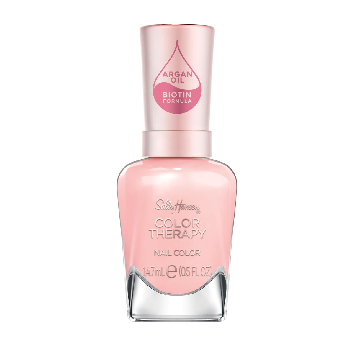 Sally Hansen Color Therapy Rosy Quartz bottle shows nourishing biotin and argan oil.