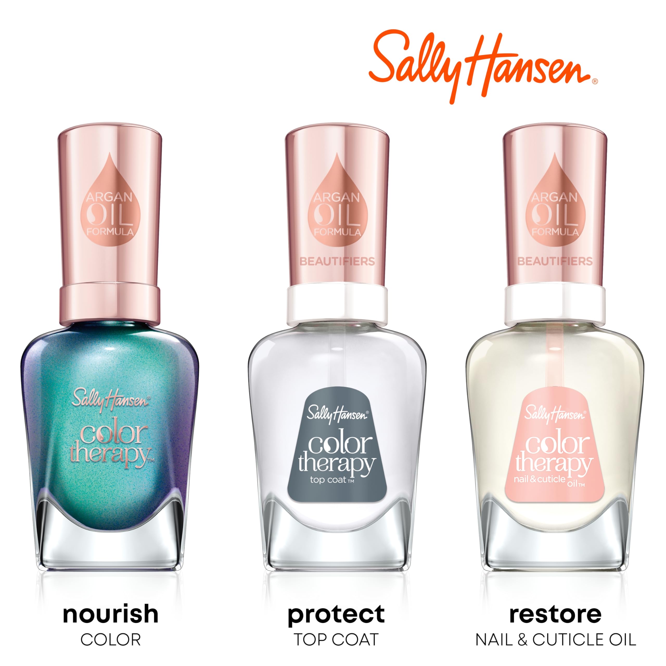 Sally Hansen Color Therapy top coat sheen image demonstrates lasting shine.