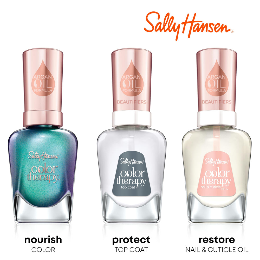 Sally Hansen Color Therapy top coat sheen image demonstrates lasting shine.