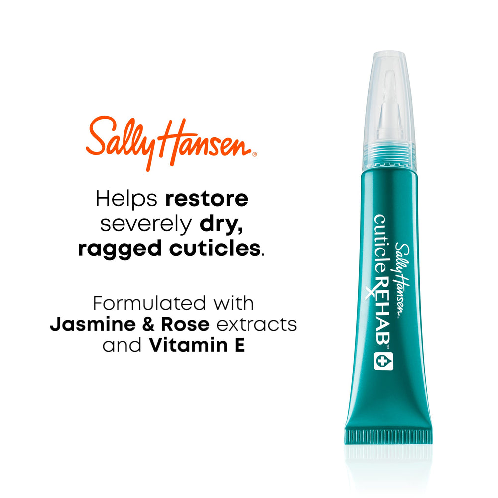 Sally Hansen Cuticle Rehab imagery shows jasmine and rose extracts for gentle care.