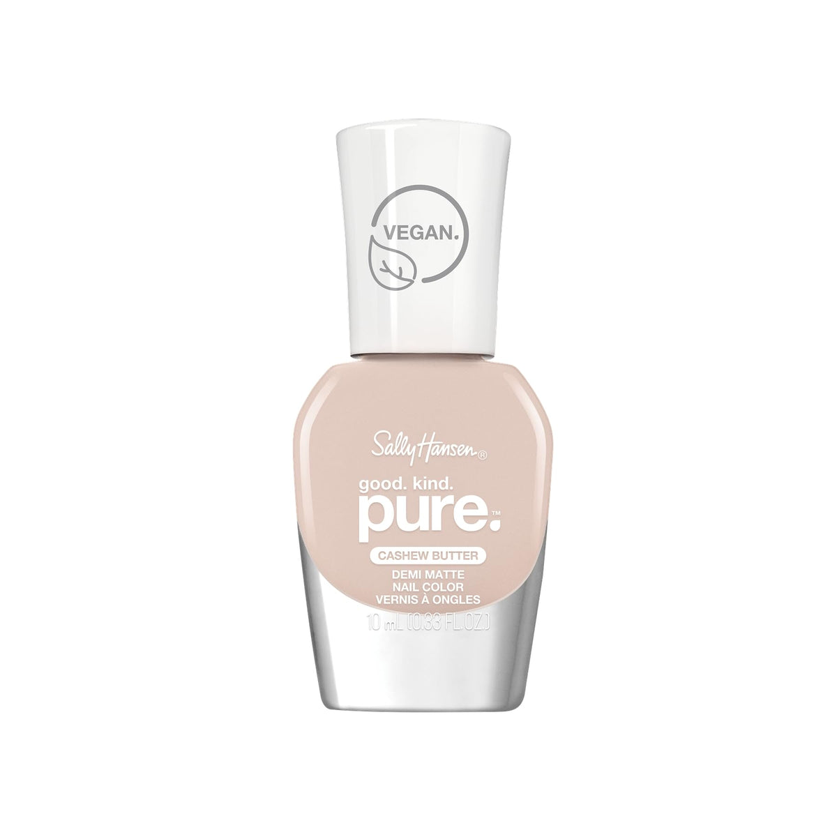 Sally Hansen Good. Kind. Pure. nail polish bottle shows nude Cashew Butter shade with vegan, 16-free protection.