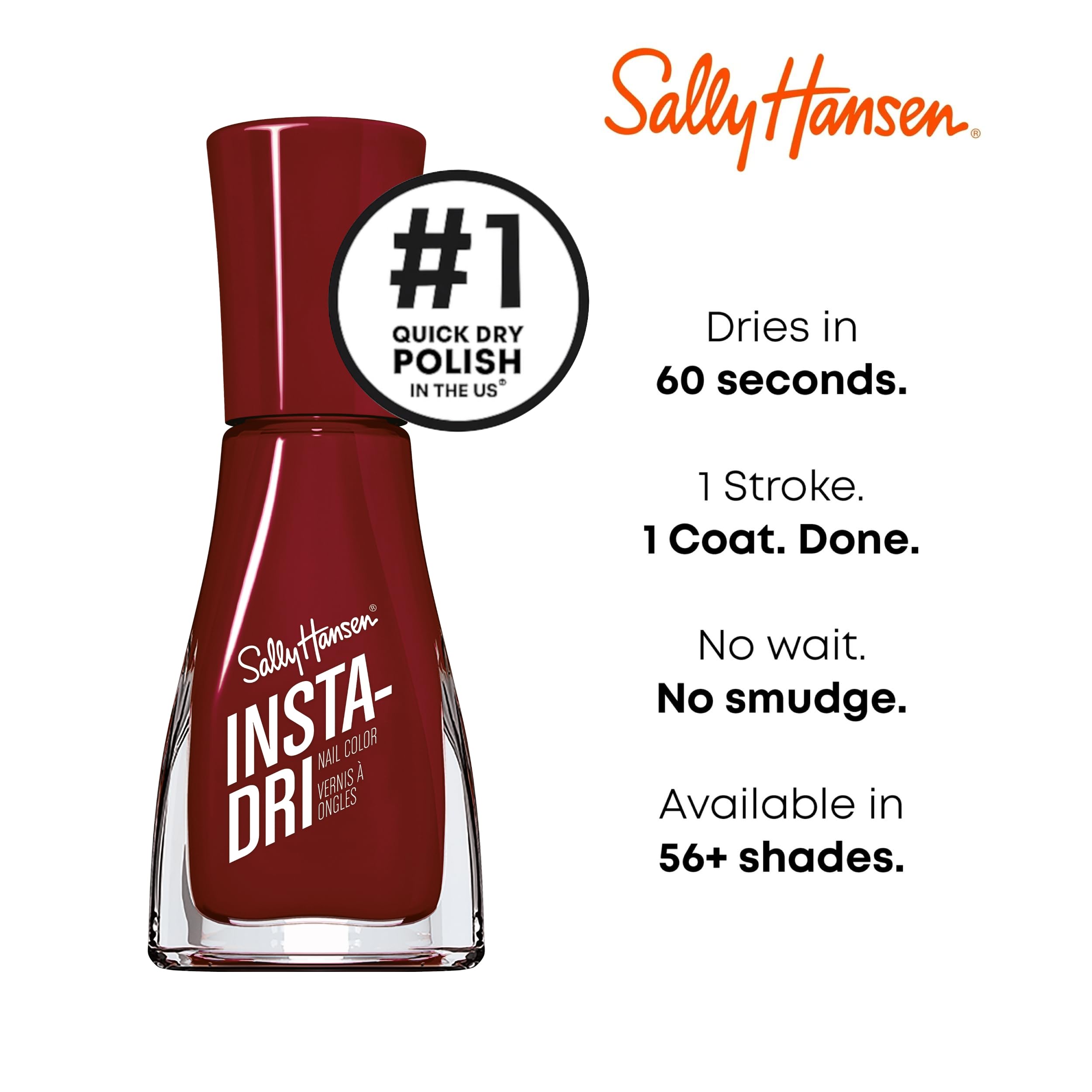 Sally Hansen Insta-Dri Cinna-Snap glossy finish on nail highlights quick-dry shine.