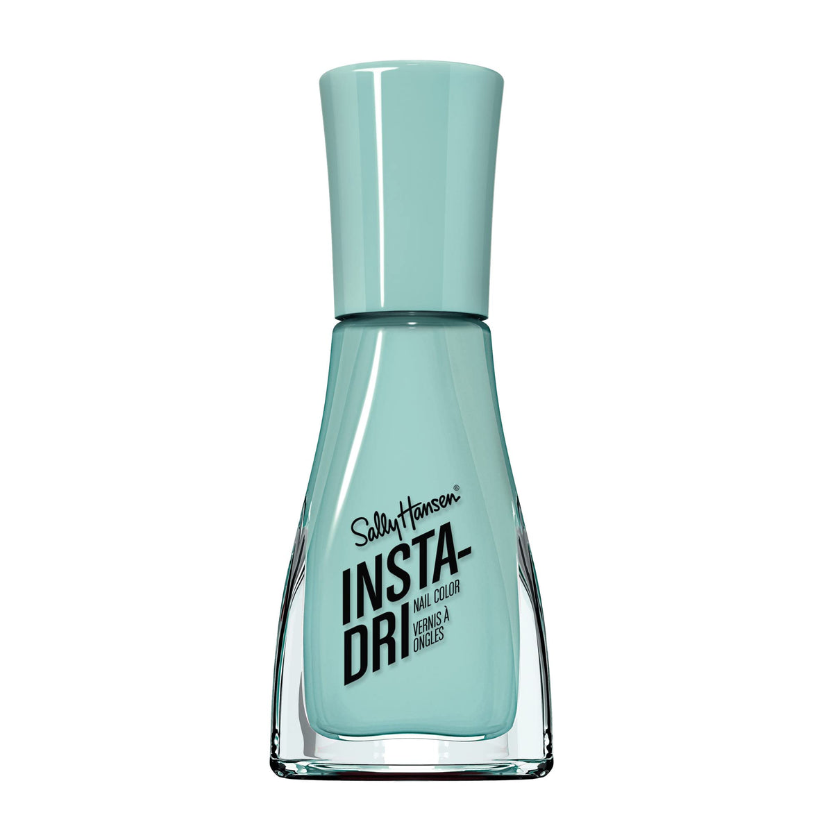 Sally Hansen Insta-Dri Cool Mint Blue bottle front showing fast-drying polish in action