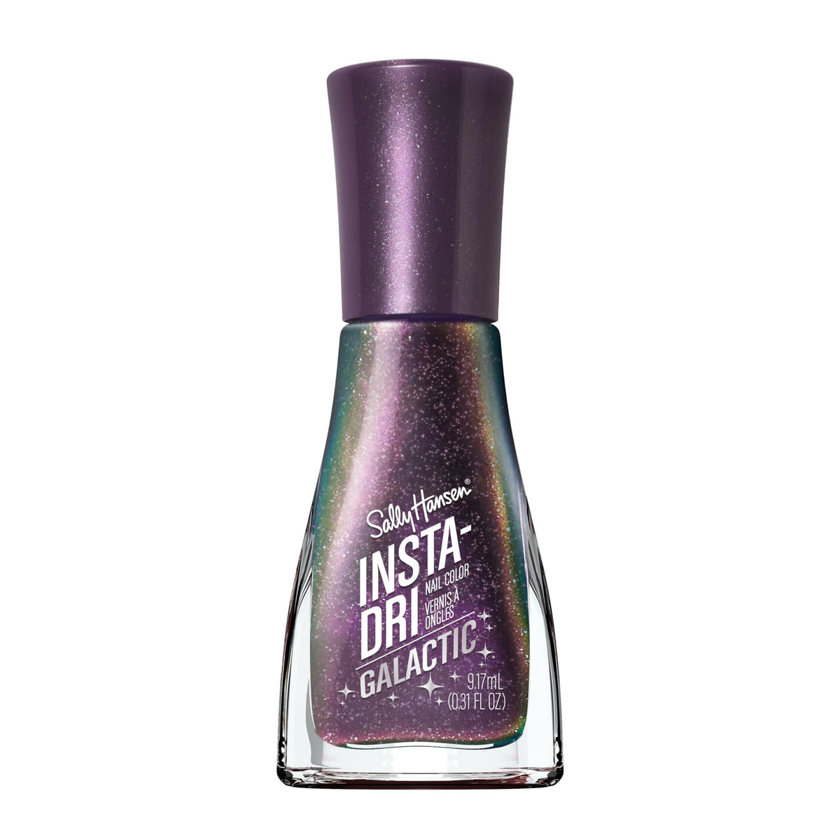 Sally Hansen Insta-Dri Galactic Lunar Love bottle with holographic shimmer for quick dazzling manicures.