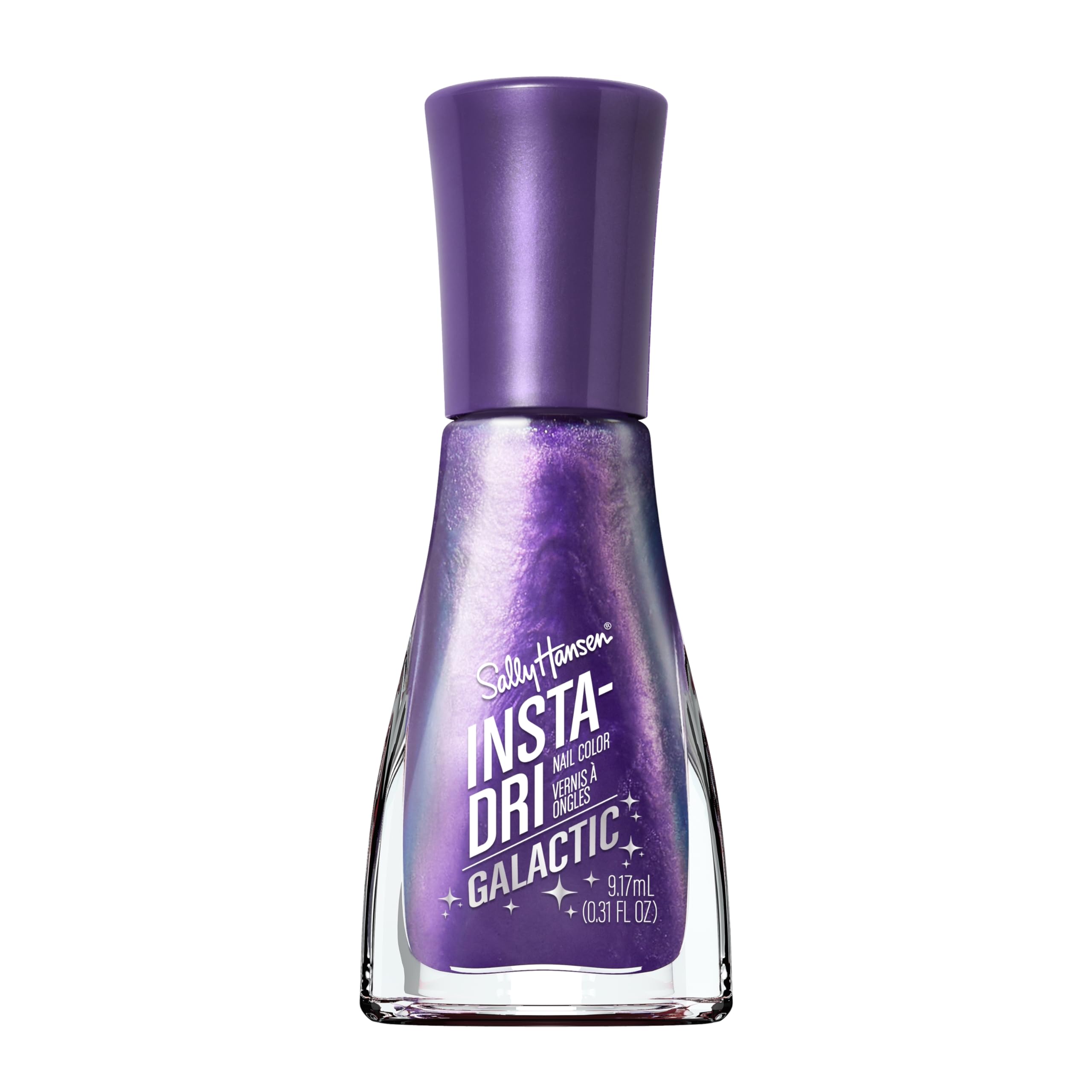 Sally Hansen Insta-Dri Galactic Planet Purple bottle with iridescent violet finish and quick-dry design.