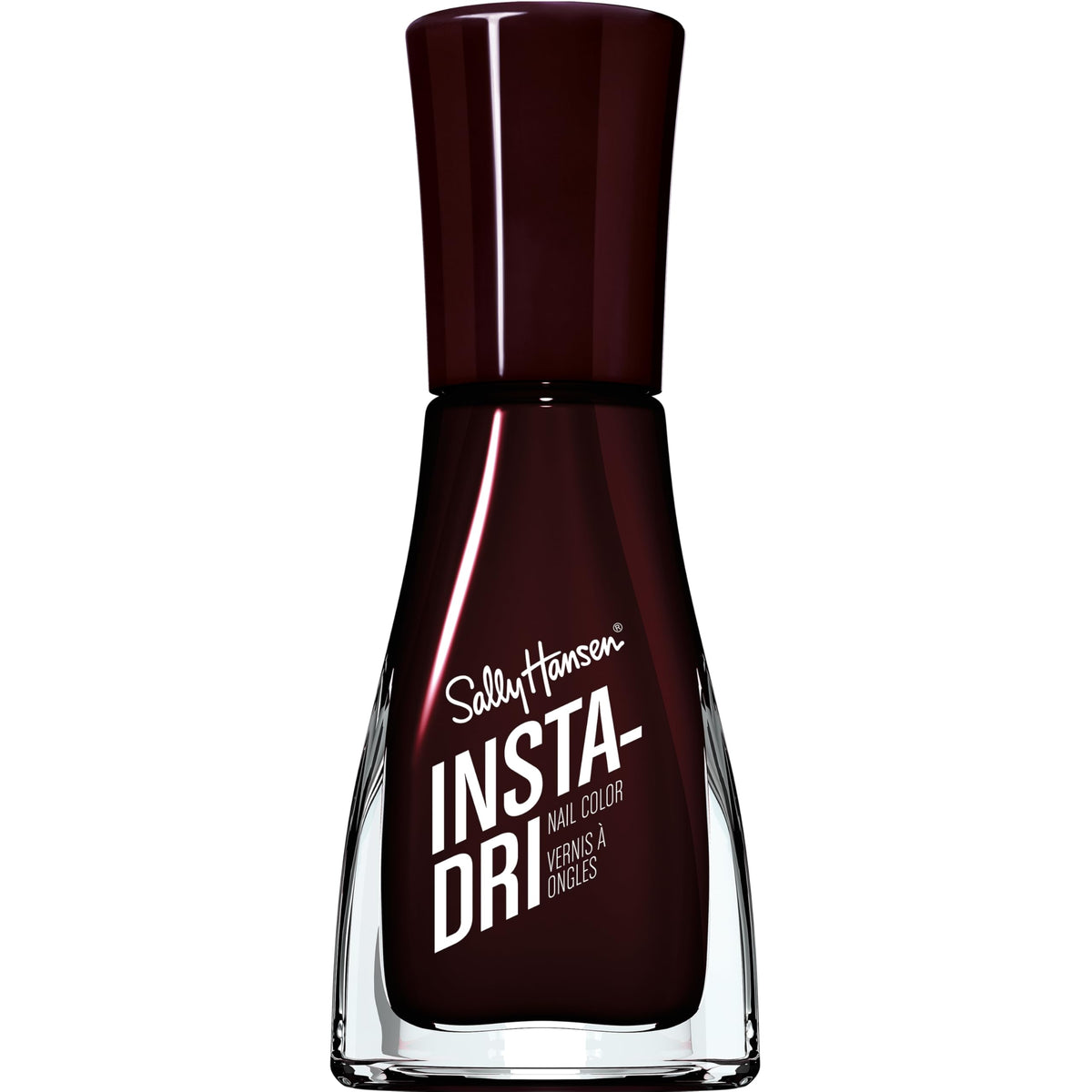 Sally Hansen Insta-Dri Go Garnet bottle close-up, showcasing quick-dry, glossy red finish.