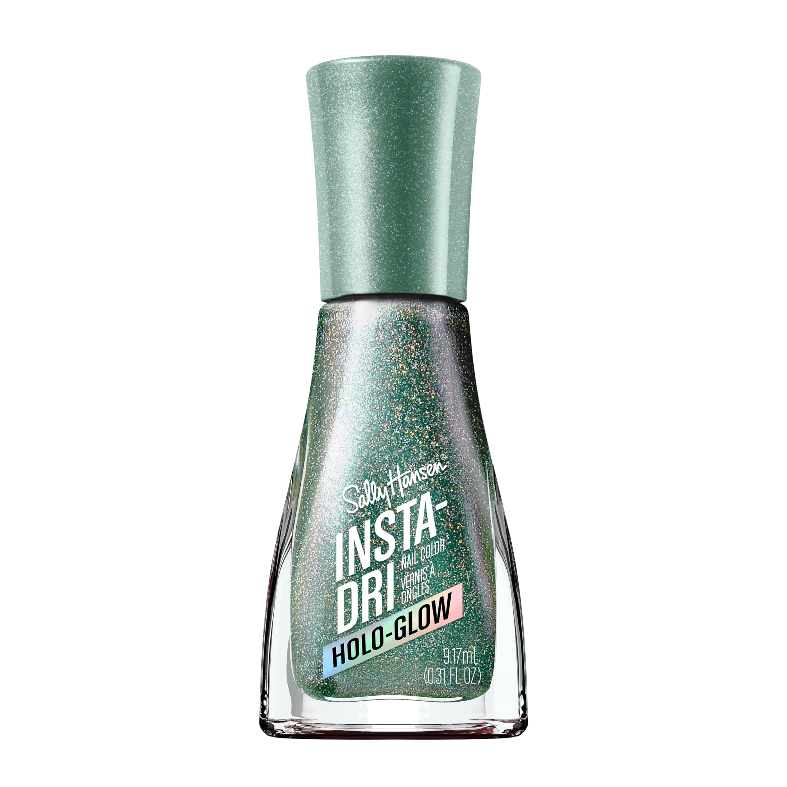 Sally Hansen Insta-Dri Holo-Glow All That Shimmers bottle with holographic green shine.