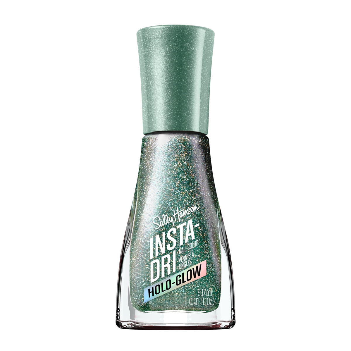 Sally Hansen Insta-Dri Holo-Glow All That Shimmers bottle with holographic green shine.