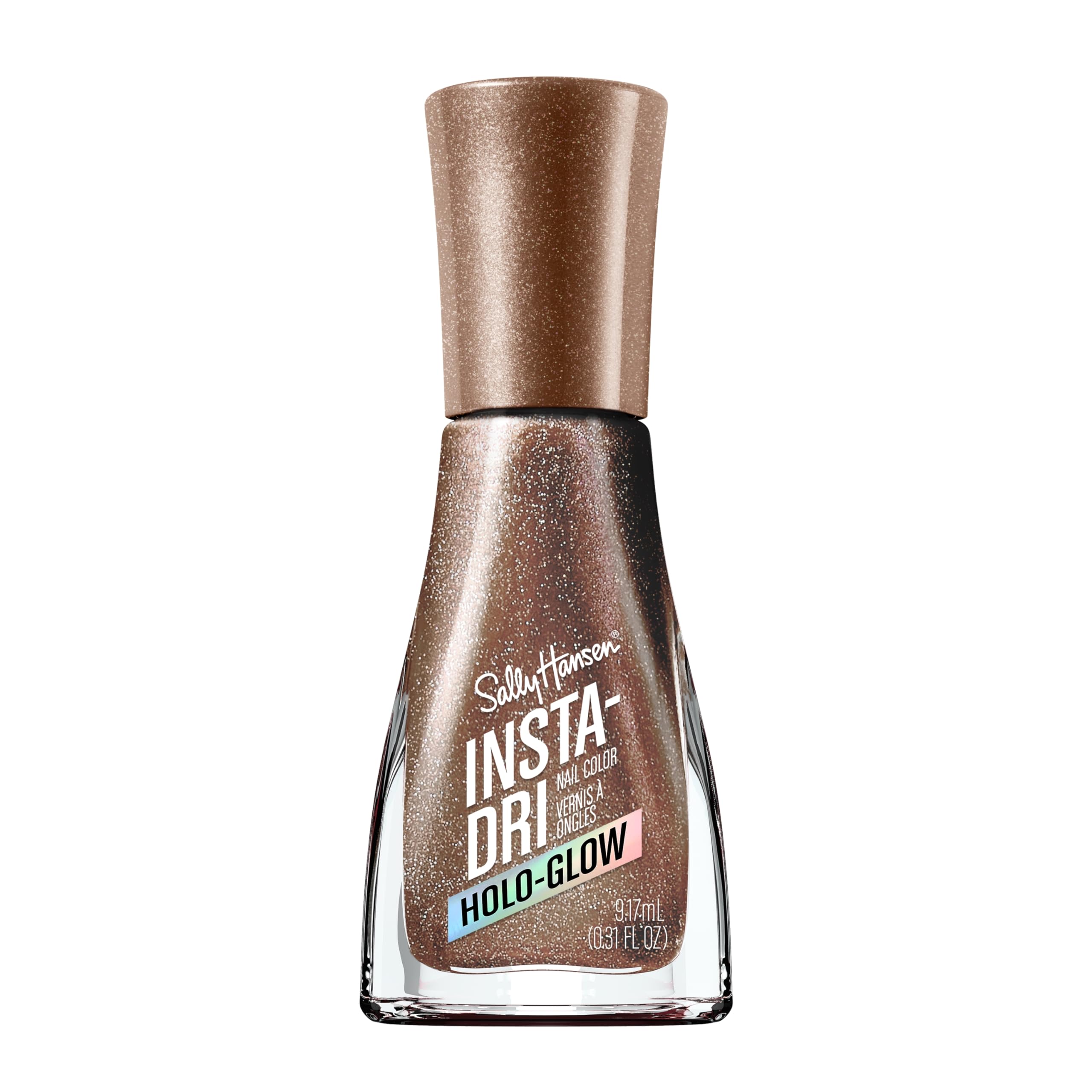 Sally Hansen Insta-Dri Holo-Glow bottle front showing holographic brown shade for fast, glossy color.