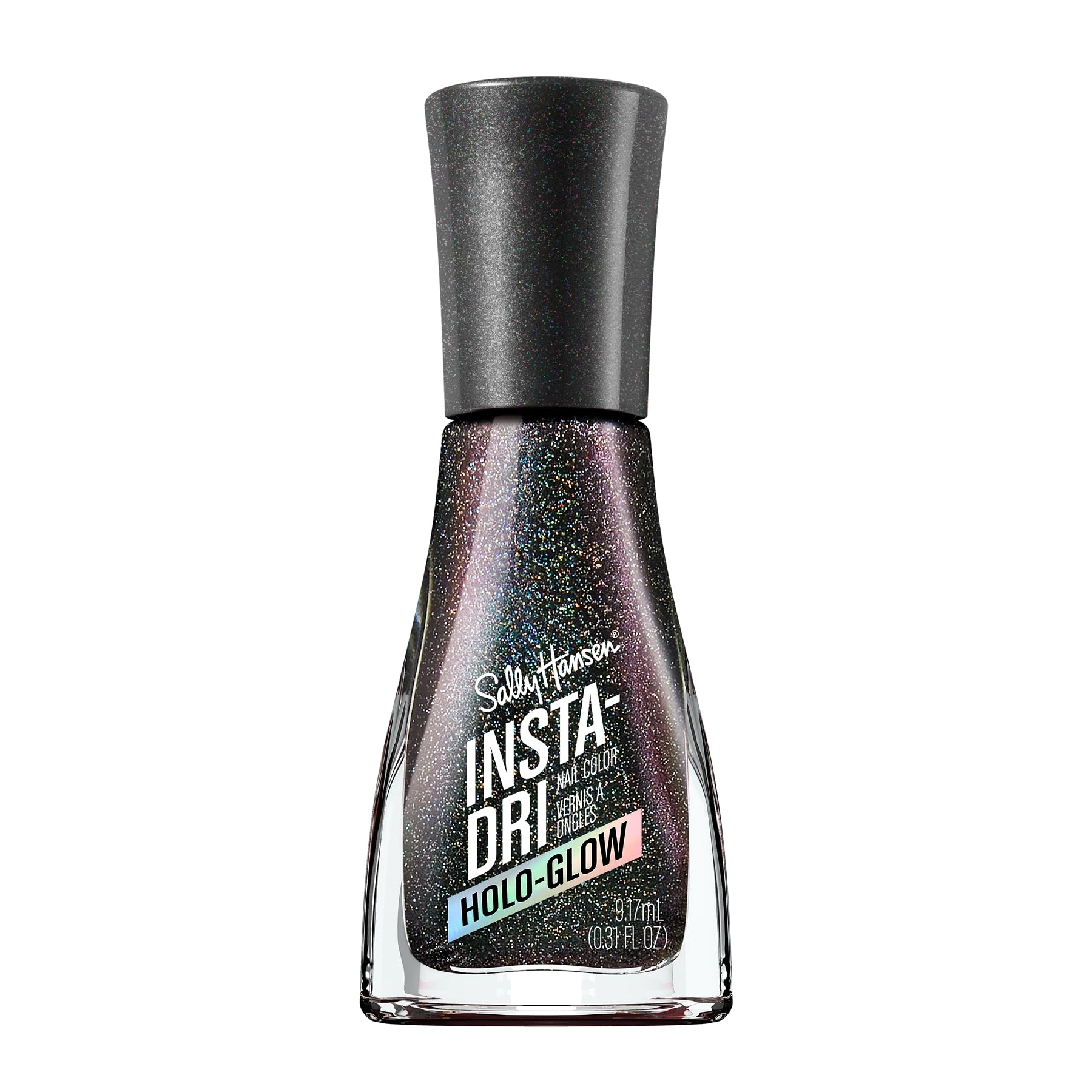 Sally Hansen Insta-Dri Holo-Glow Chrome Zone bottle with holographic silver finish.