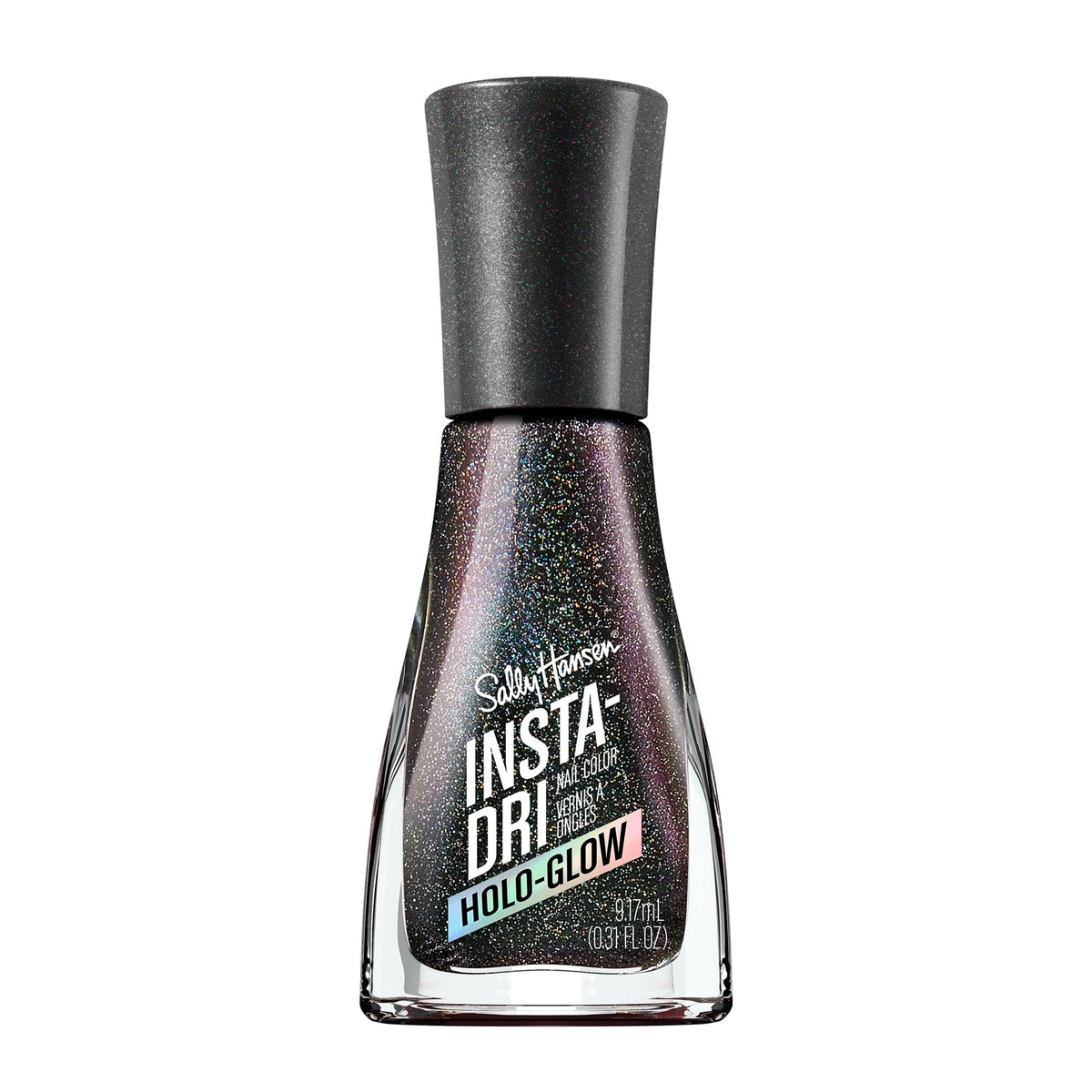 Sally Hansen Insta-Dri Holo-Glow Chrome Zone bottle with holographic silver finish.