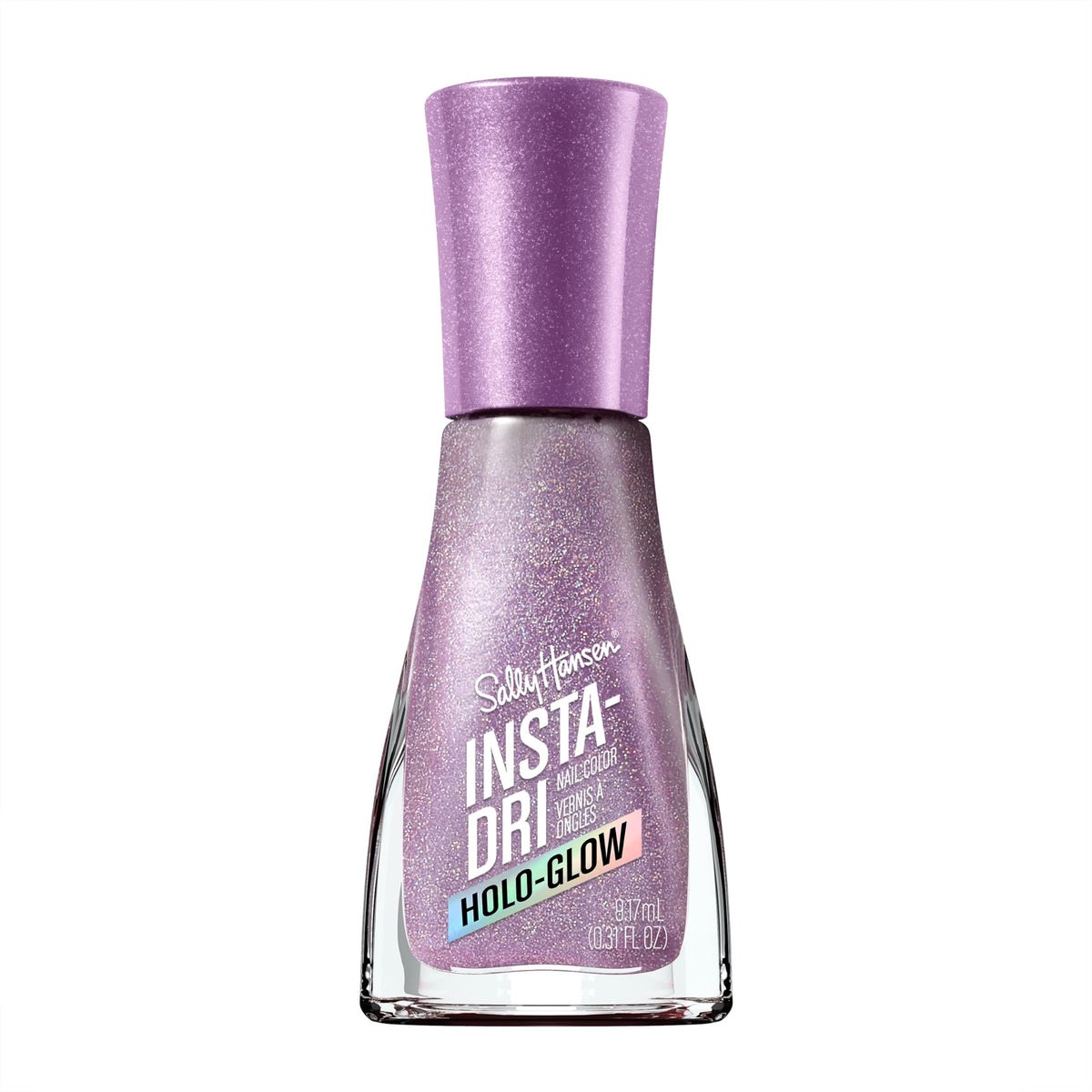 Sally Hansen Insta-Dri Holo-Glow Lustrous Lilac bottle showing quick-dry holographic color.
