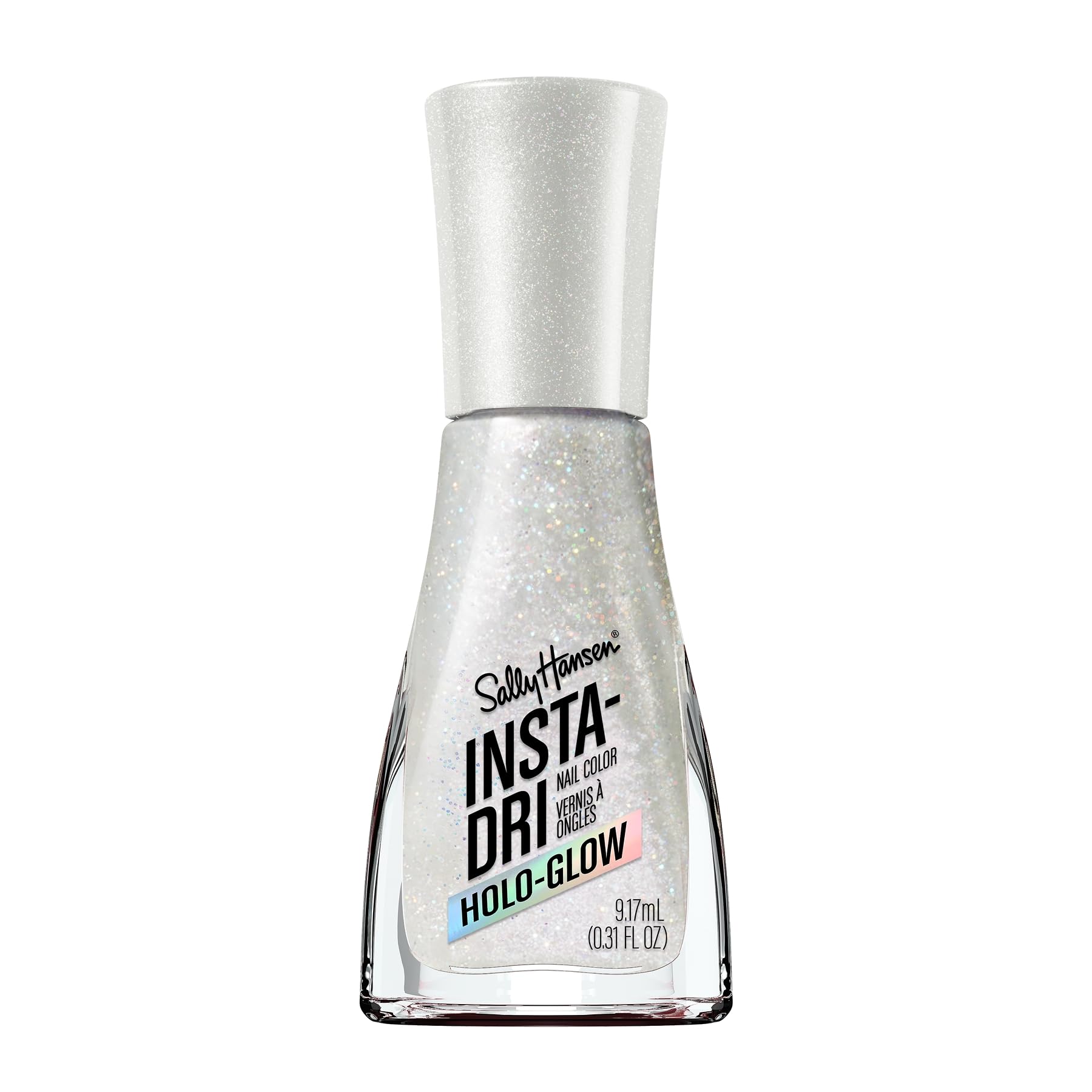 Sally Hansen Insta-Dri Holo-Glow nail polish bottle shows holographic finish for fast wear