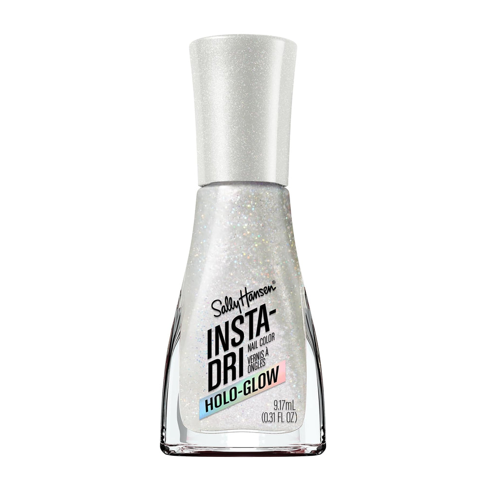 Sally Hansen Insta-Dri Holo-Glow nail polish bottle shows holographic finish for fast wear