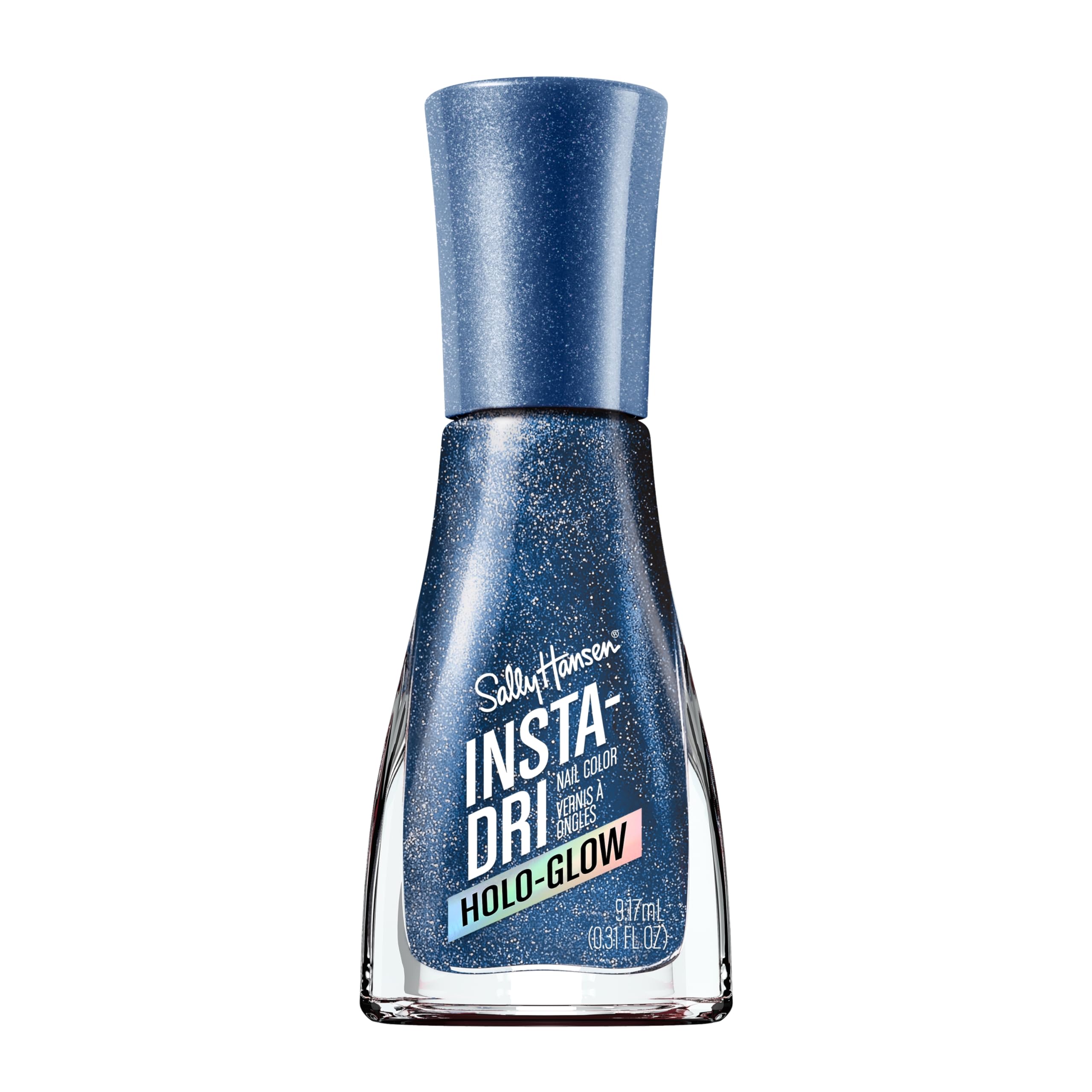 Sally Hansen Insta-Dri Holo-Glow holo-back close-up showing silver-blue holographic finish