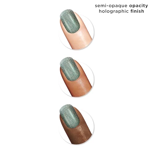 Nail swatch of Sally Hansen Insta-Dri Holo-Glow shows semi-opaque holographic green.