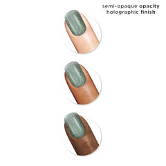 Nail swatch of Sally Hansen Insta-Dri Holo-Glow shows semi-opaque holographic green.