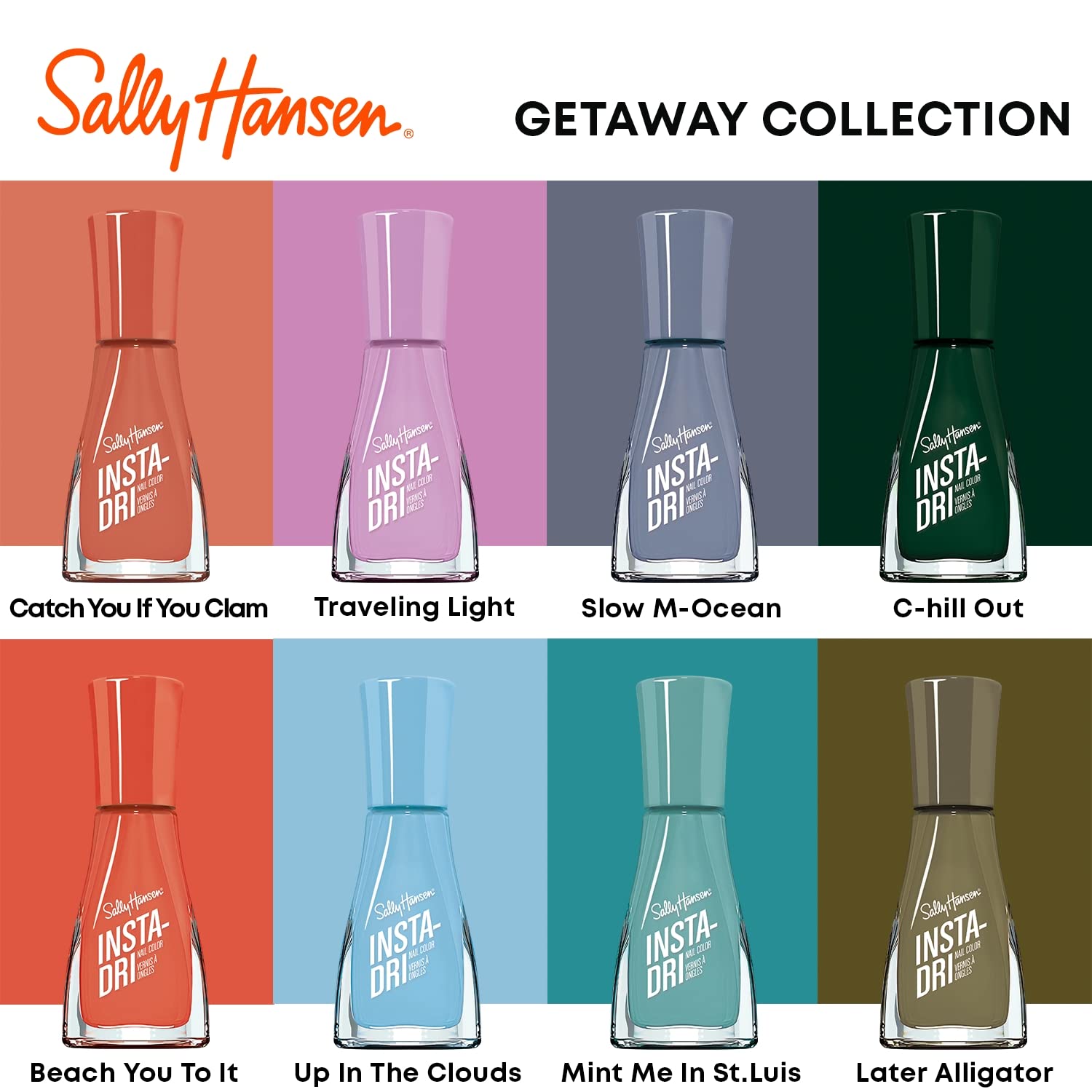 Display of Insta-Dri shade range highlighting Traveling Light among creams.