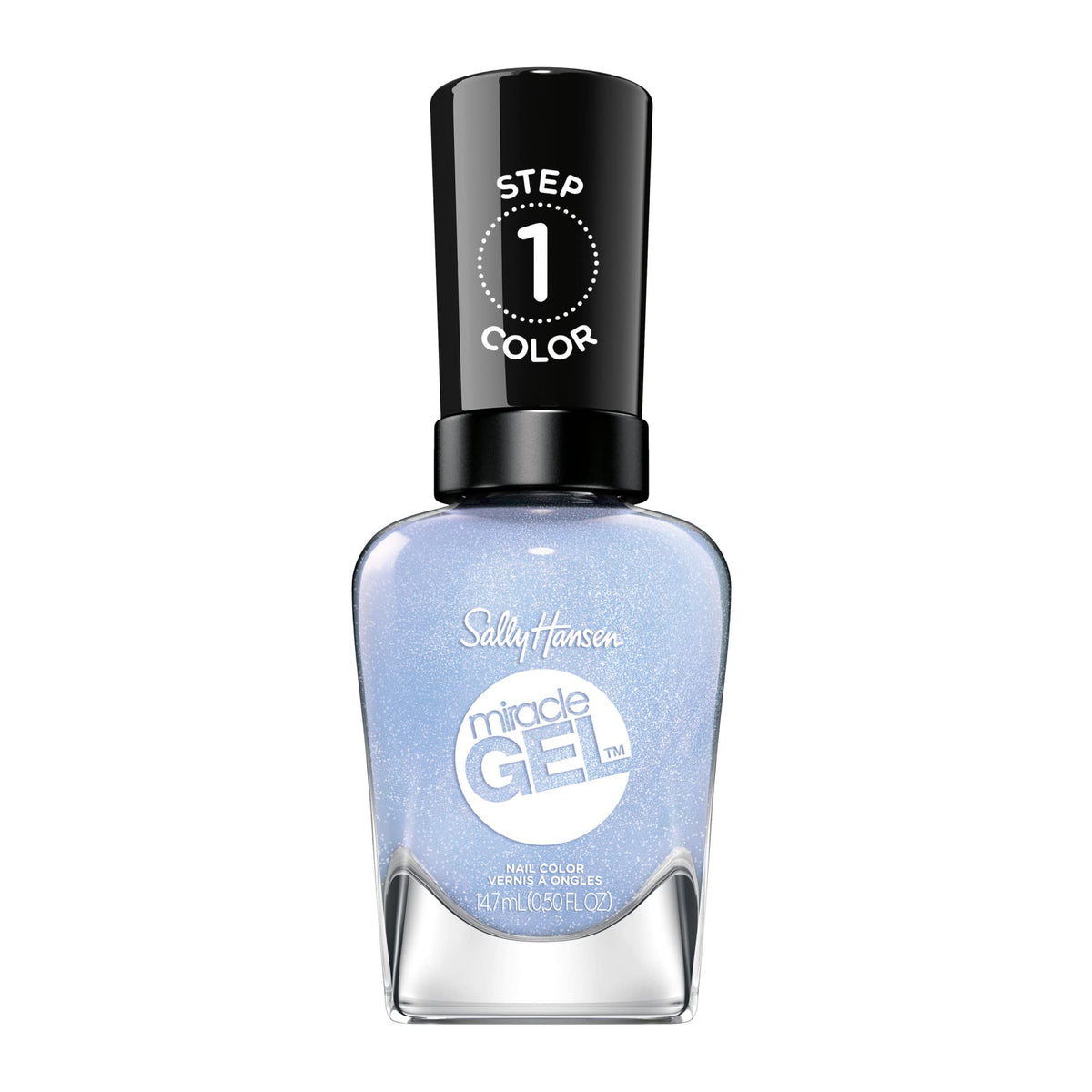 Sally Hansen Miracle Gel Blue Skies Ahead bottle shows gel-like shine with no UV light needed