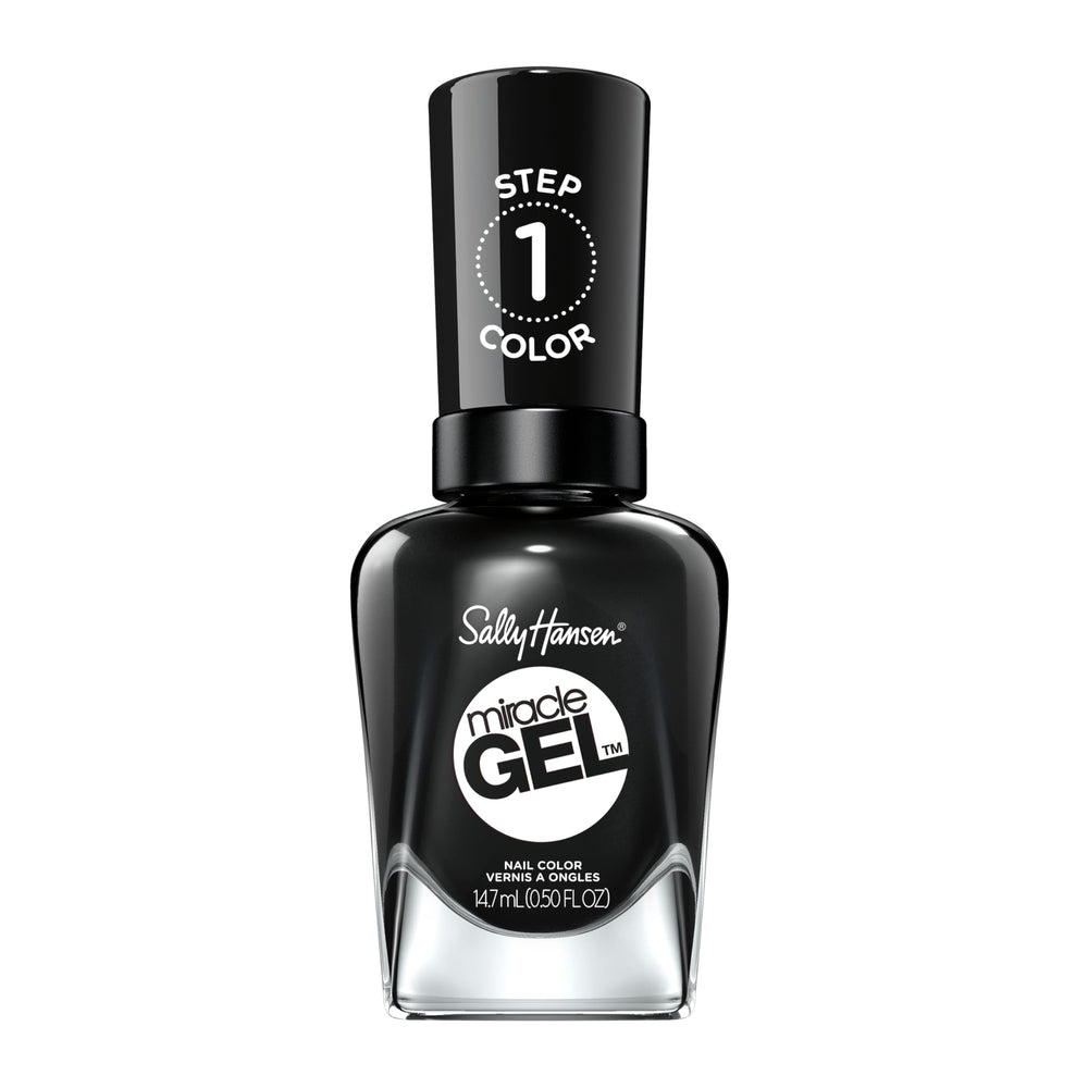 Sally Hansen Miracle Gel: botella-frente, color negro intenso, sin lámpara UV.