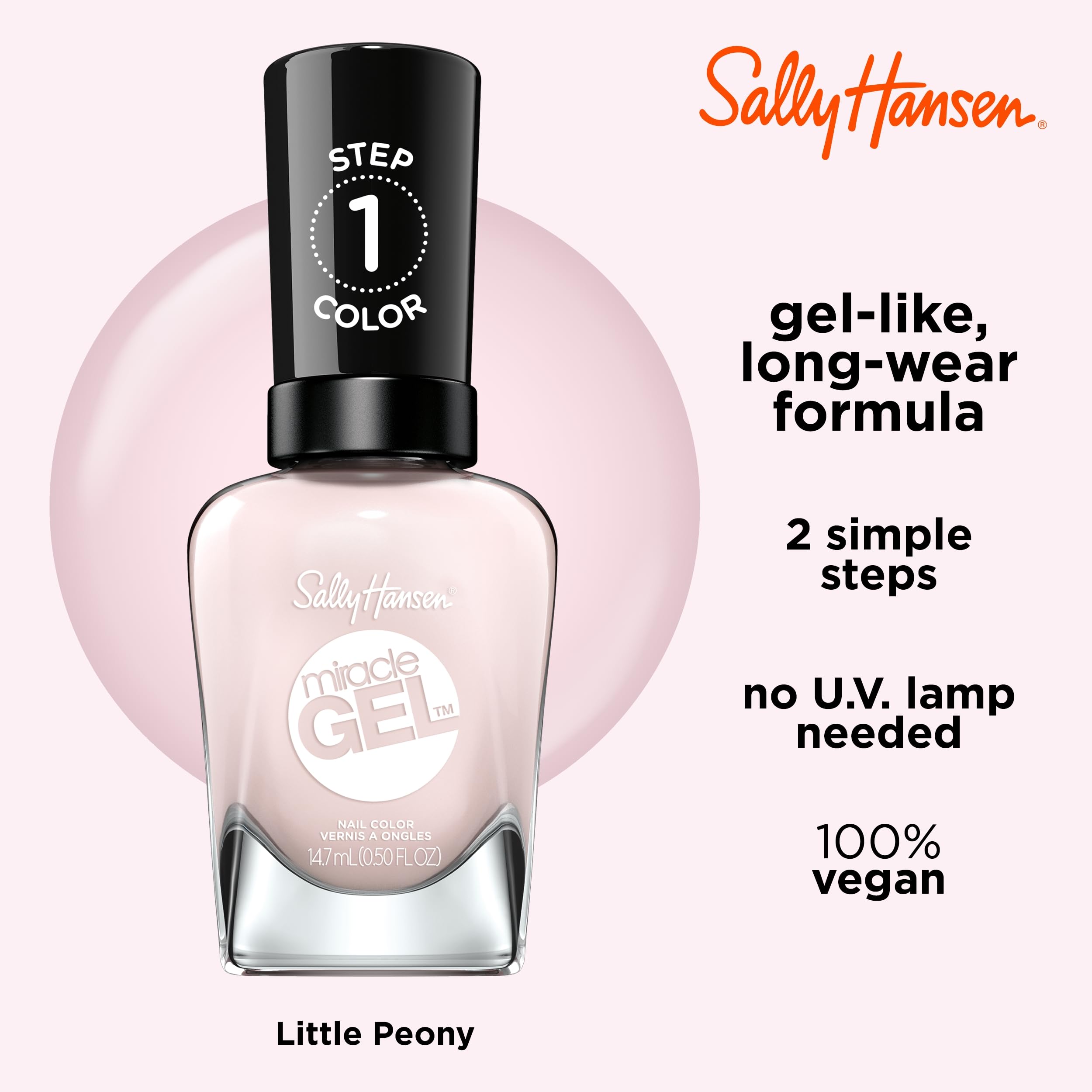 Sally Hansen Miracle Gel gloss finish enhances the semi-opaque pink shade