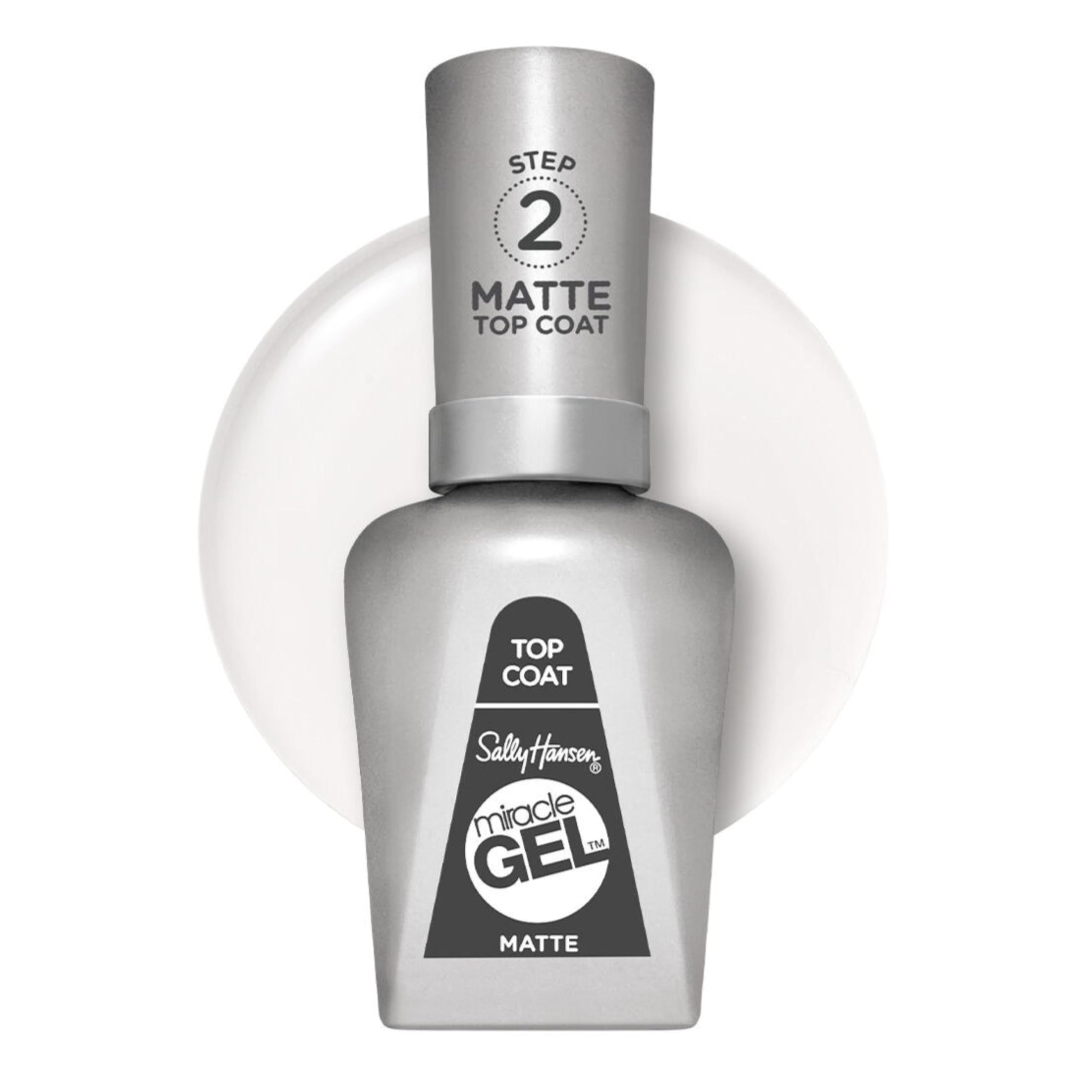 Sally Hansen Miracle Gel Matte Top Coat 102 bottle closeup for a salon-quality matte finish.