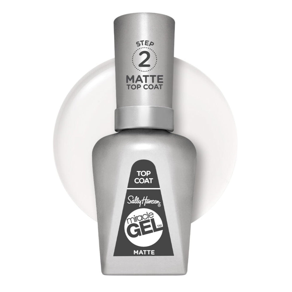 Sally Hansen Miracle Gel Matte Top Coat 102 bottle closeup for a salon-quality matte finish.