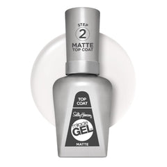 Sally Hansen Miracle Gel Matte Top Coat 102 bottle closeup for a salon-quality matte finish.