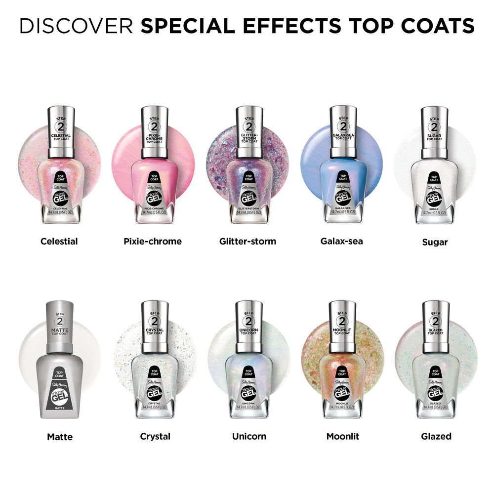 Sally Hansen Miracle Gel Top Coat crea efectos únicos sobre bases.