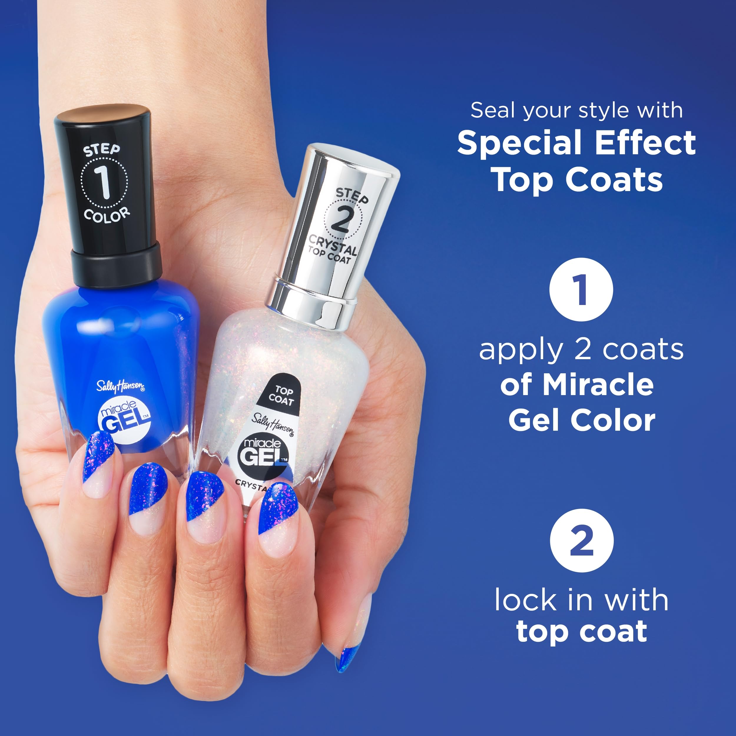 Sally Hansen Miracle Gel Unicorn Top Coat, aplicación en dos pasos para mayor conveniencia.