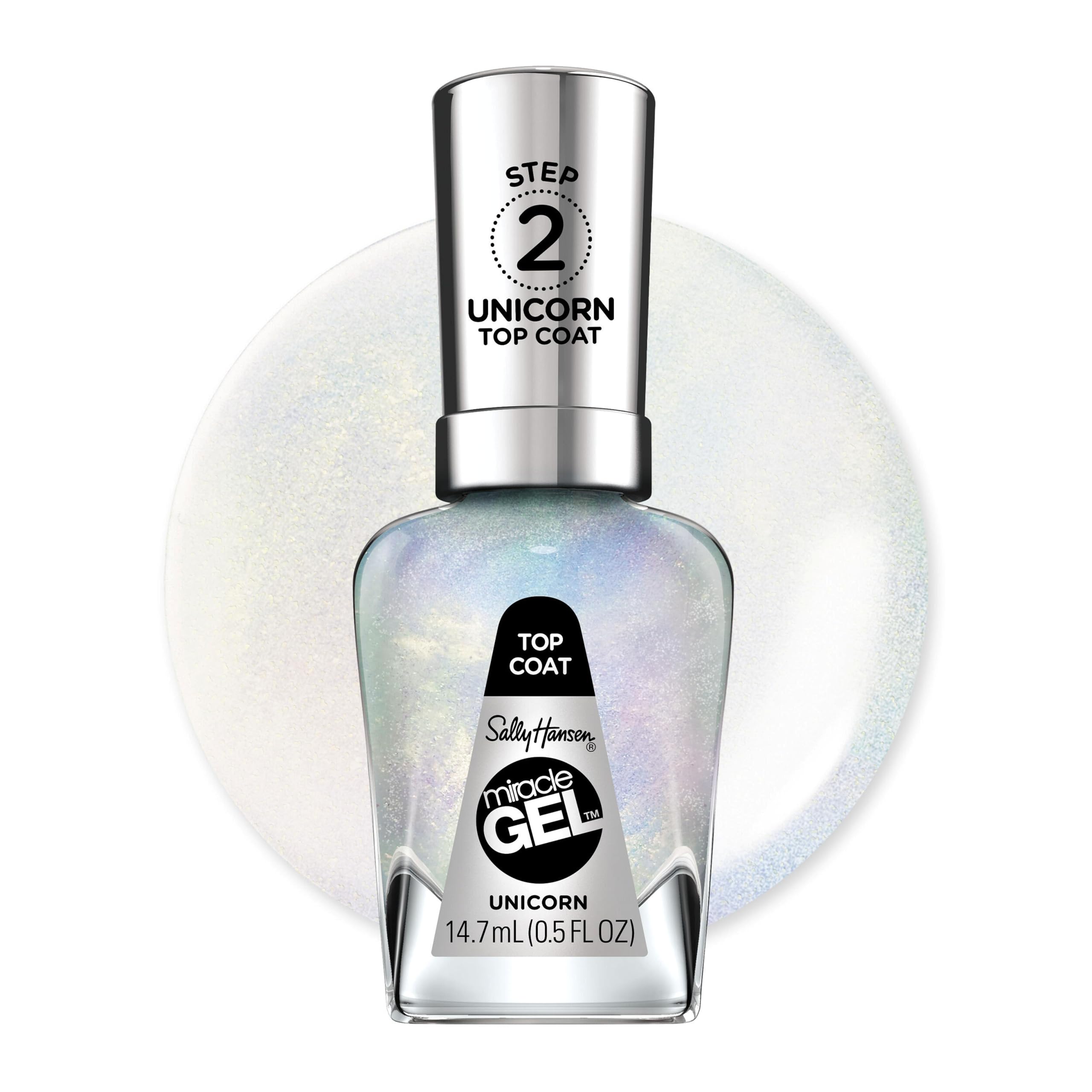 Sally Hansen Miracle Gel Unicorn Top Coat, botella vista de cerca para acabado profesional en casa.