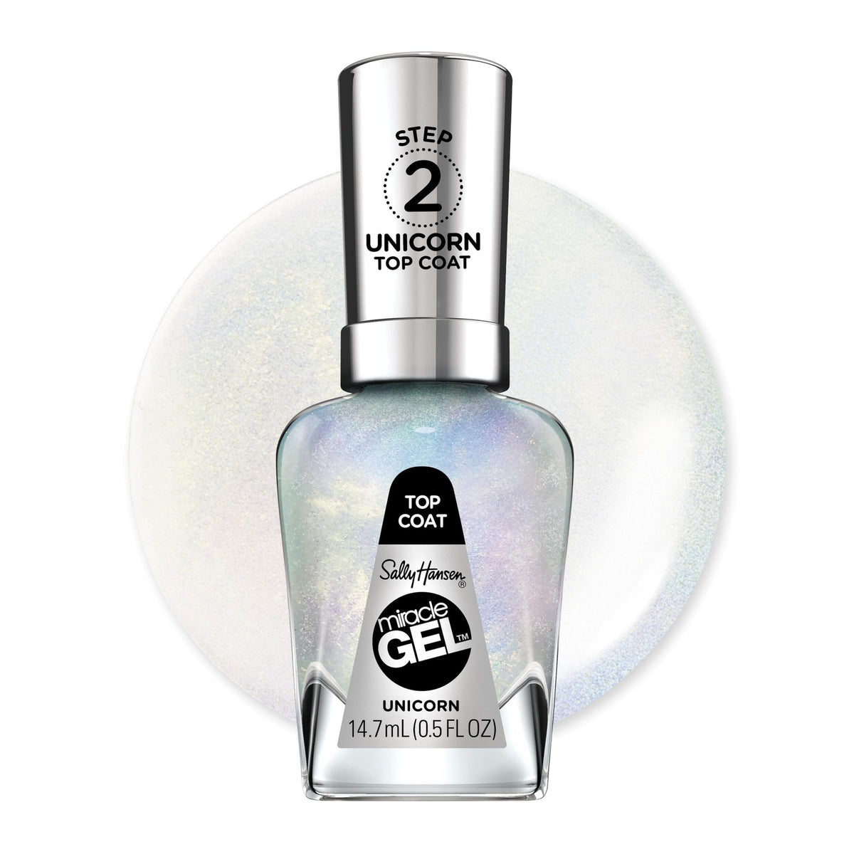Sally Hansen Miracle Gel Unicorn Top Coat, botella vista de cerca para acabado profesional en casa.