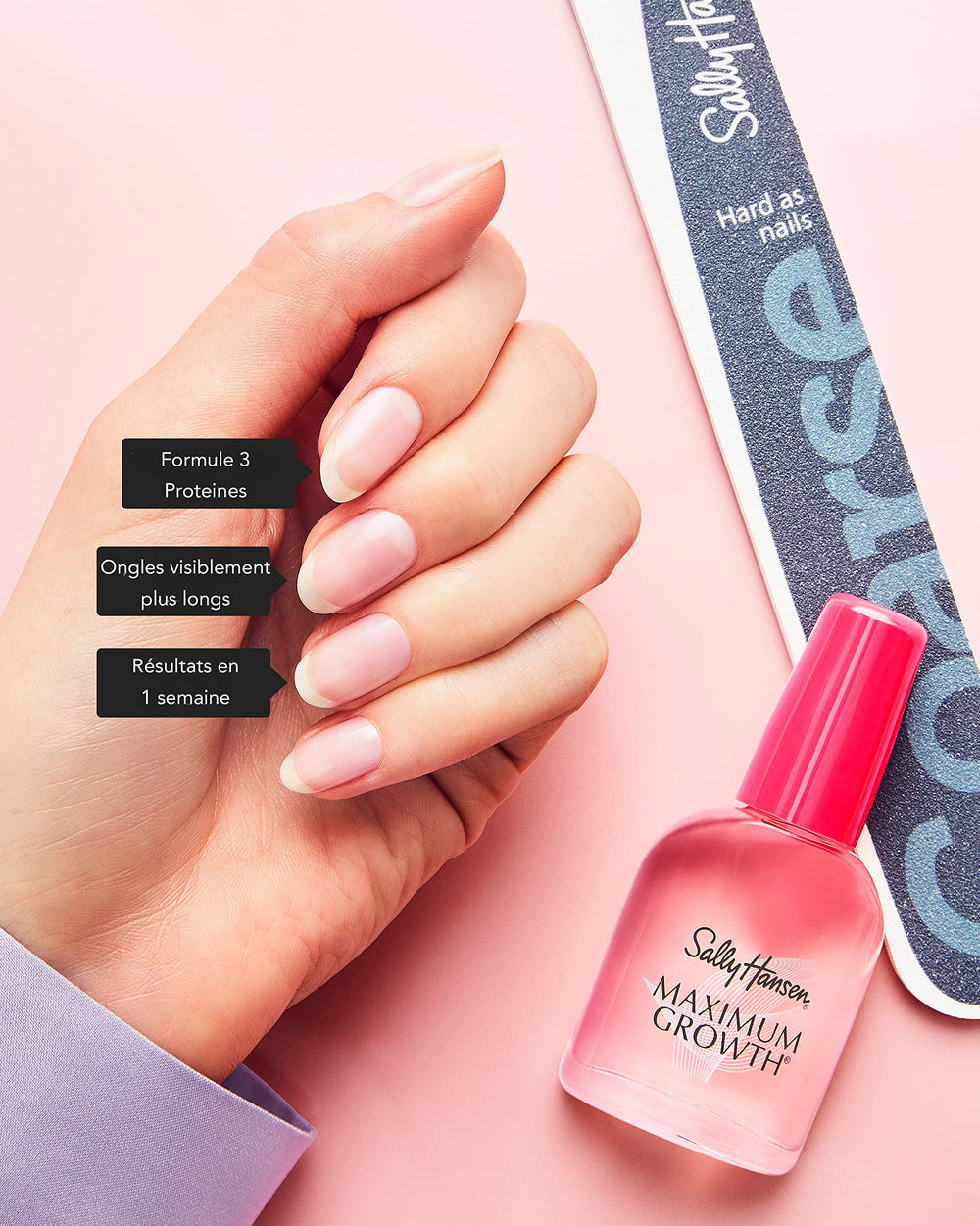 Sally Hansen nails on fingers close-up illustrate improved resilience and growth potential.