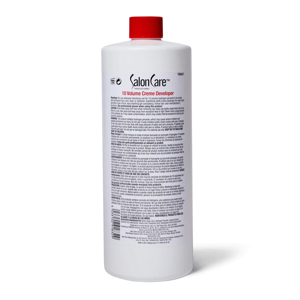 Salon Care 10 Volume Creme Developer label highlights 32 oz capacity for home or salon use