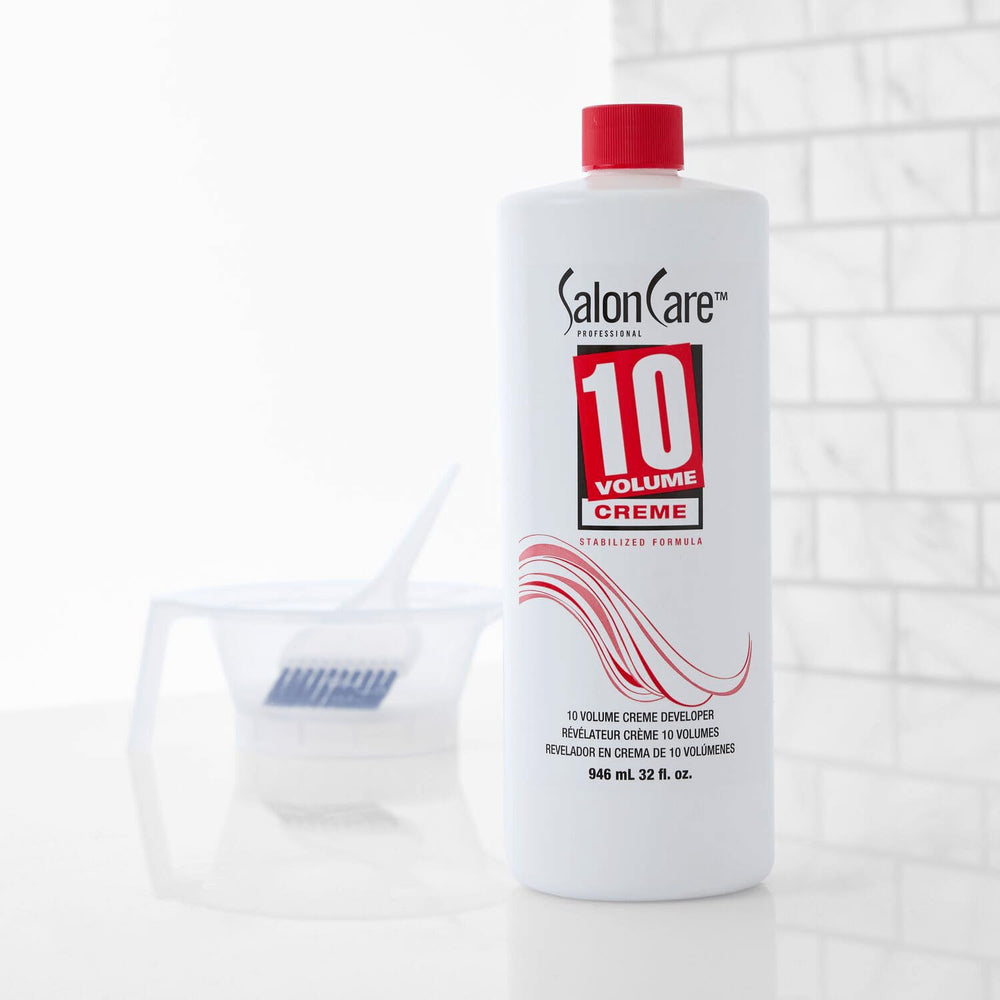Salon Care 10 Volume Creme Developer on shelf indicates professional-grade color tools