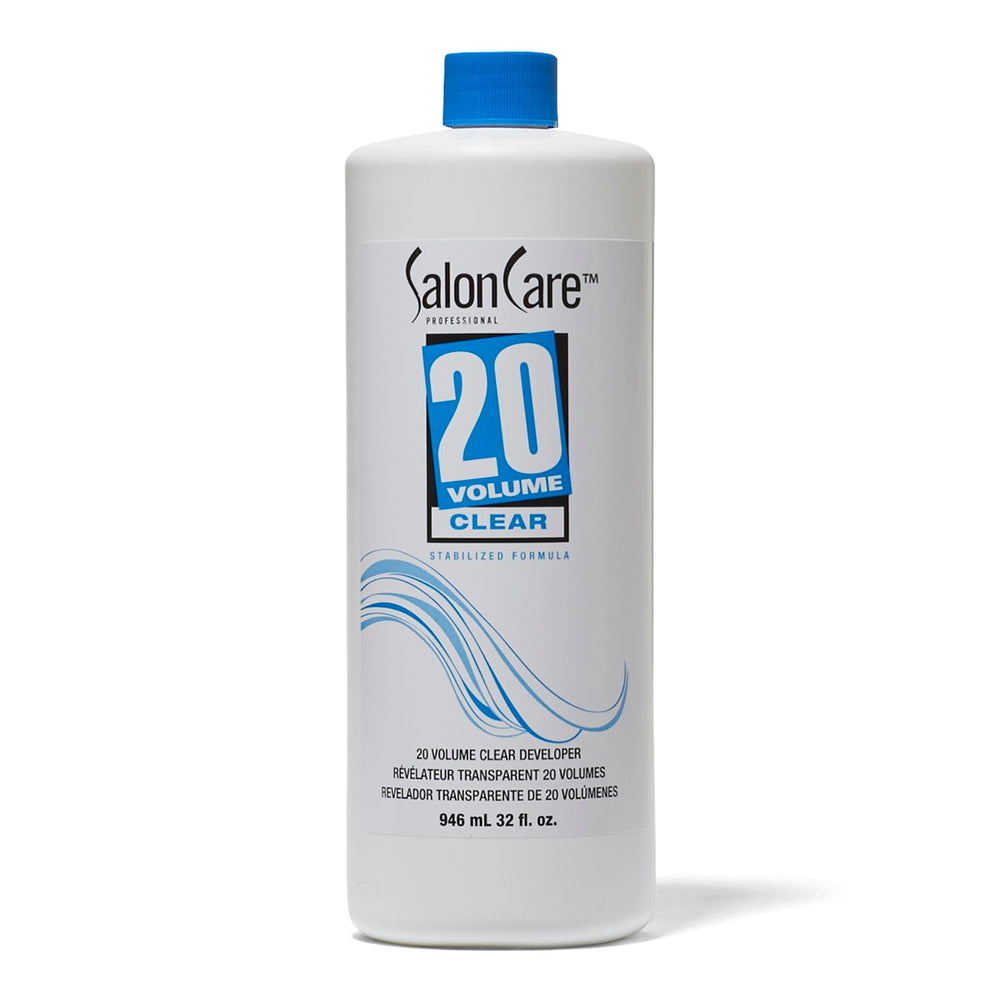 Salon Care 20 Volume Clear Developer bottle for consistent lift and gray coverage.