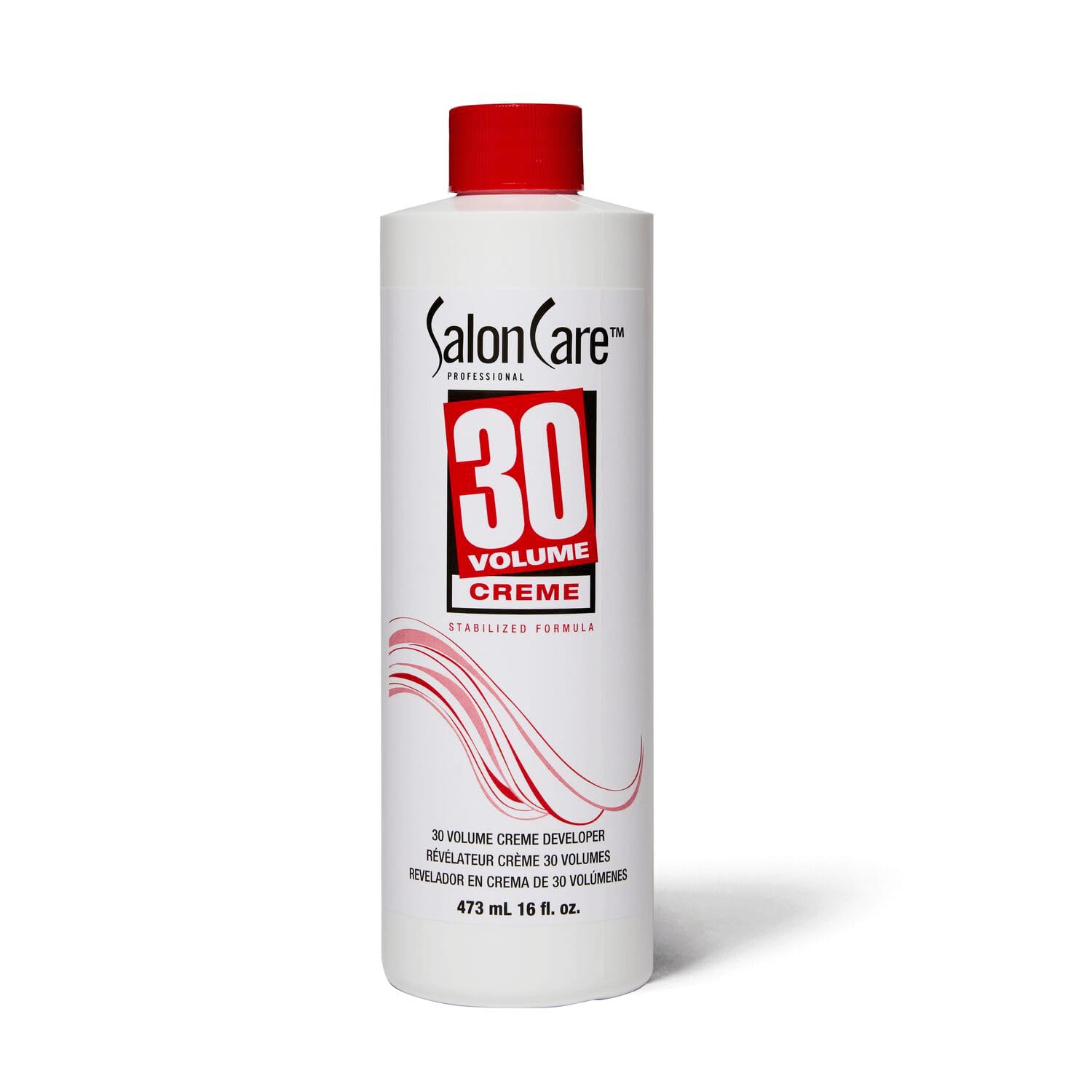 Salon Care 30 Volume Creme Developer bottle pour showing controlled flow and lift potential
