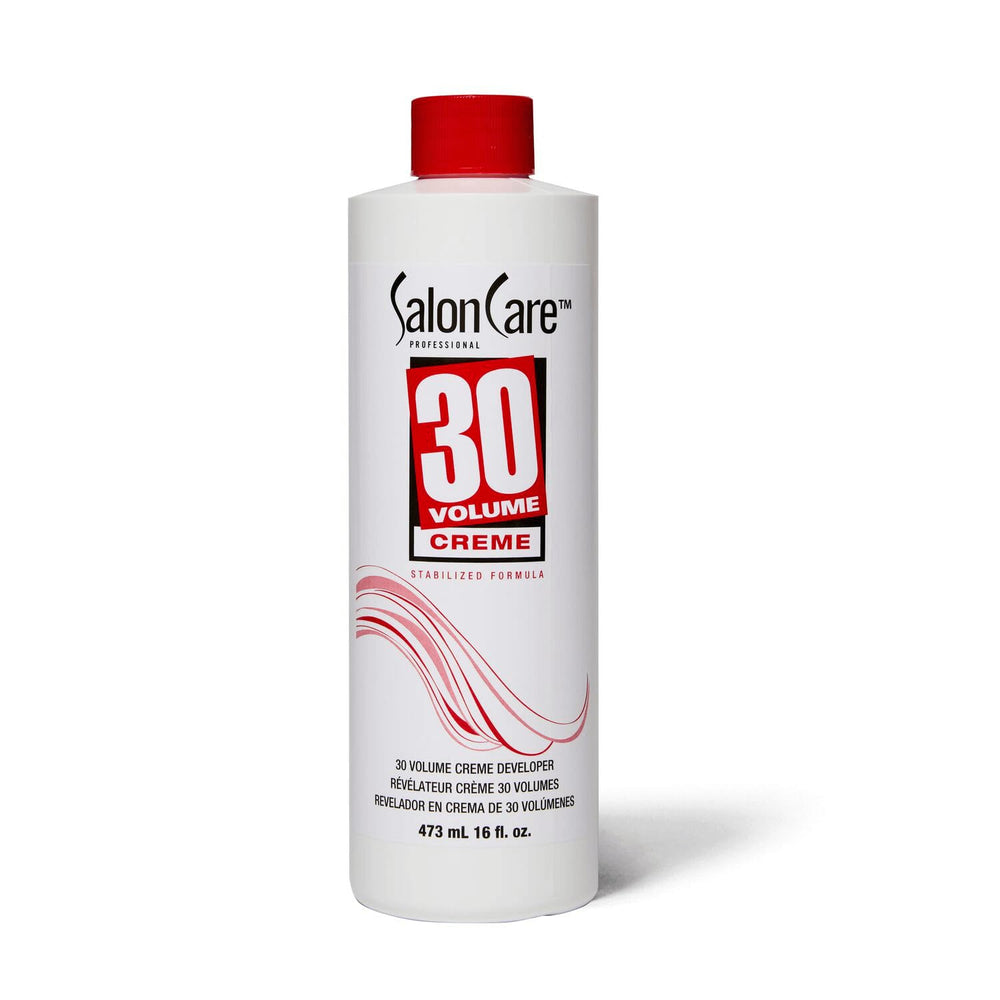 Salon Care 30 Volume Creme Developer bottle pour showing controlled flow and lift potential