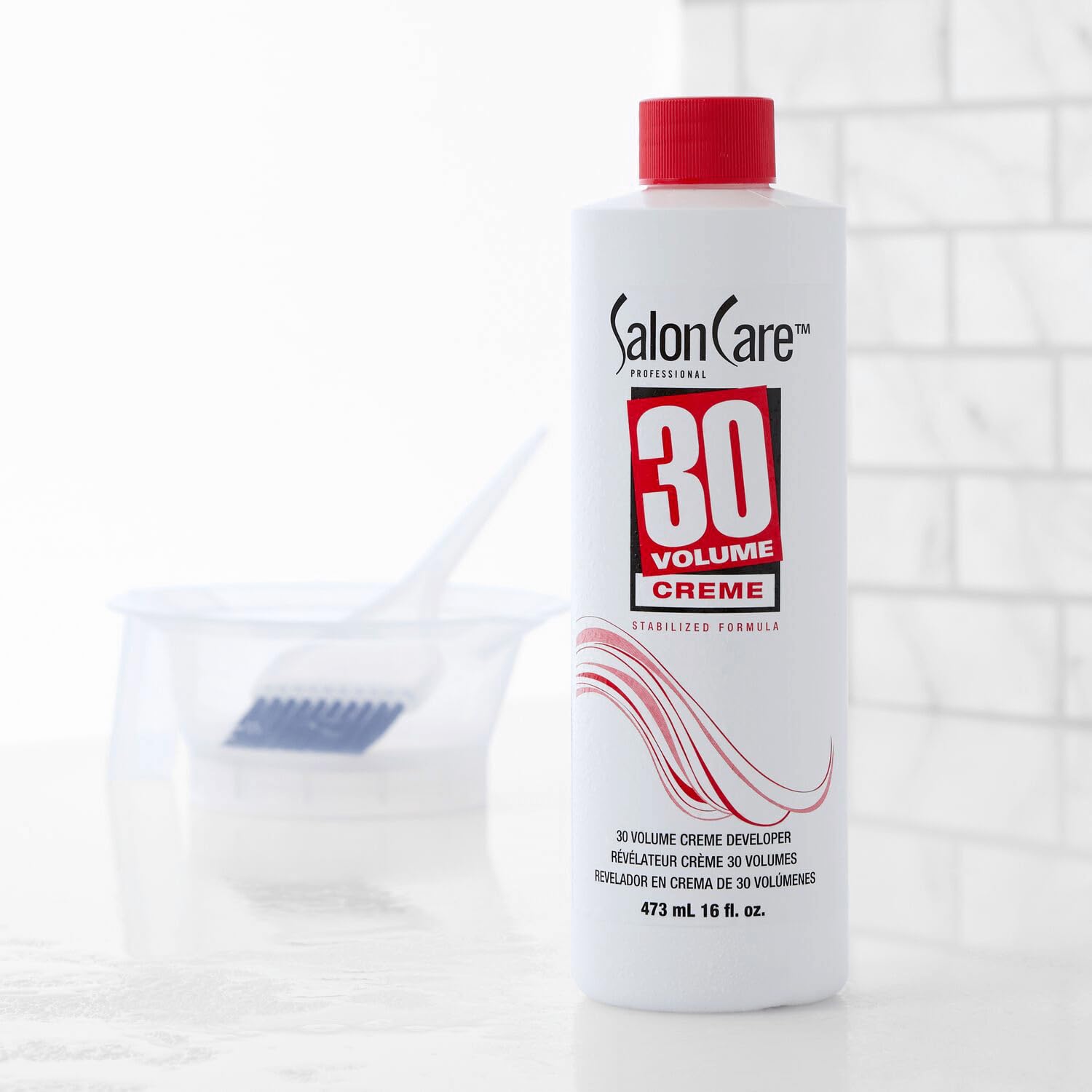 Salon Care 30 Volume Creme Developer packaging 16 oz emphasizing supply size